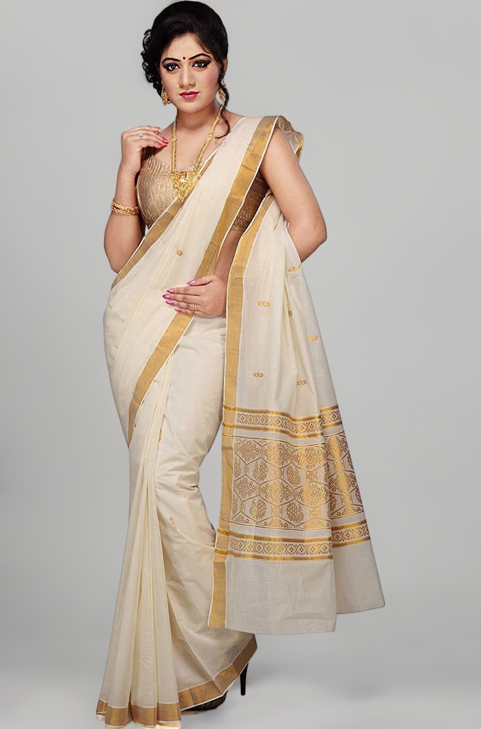 Maxis Women's Kasavu Cotton Saree With Blouse Piece (SMALLPCK_RCHPALLU_Cream)