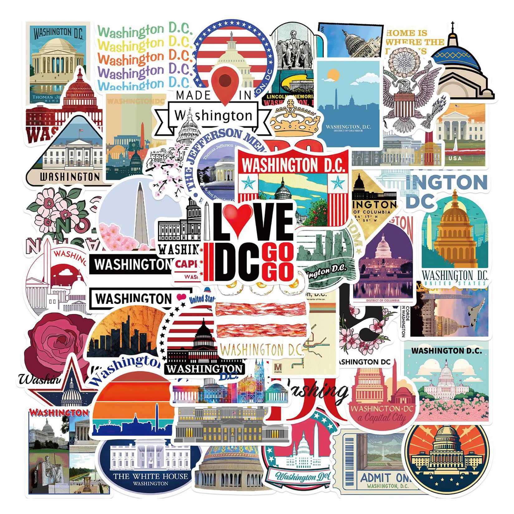50Pcs The Landscape of Washington D.C. Waterproof Stickers for Laptop Cellphone Water Bottle Skateboard Luggage Car Bumper JJHSL