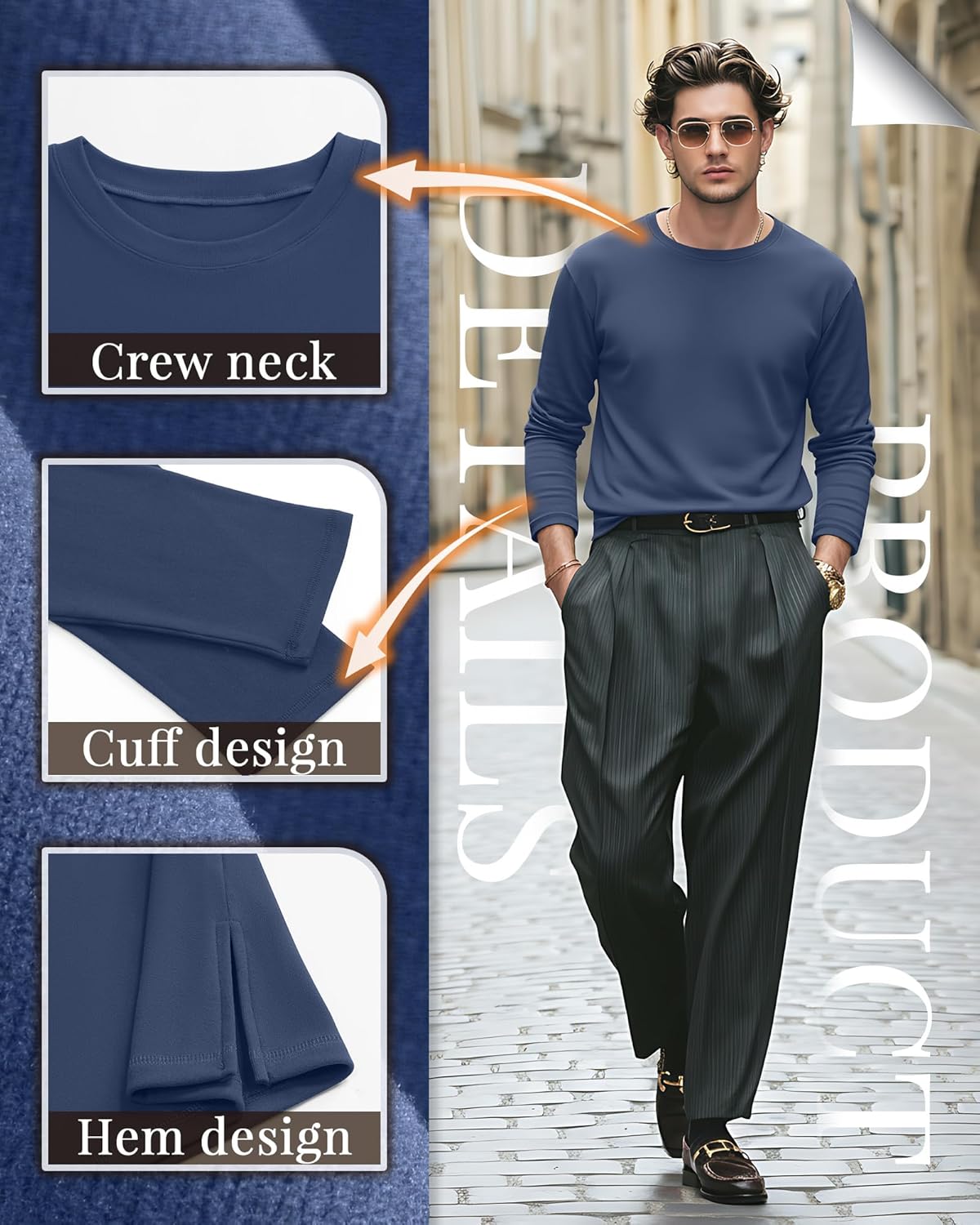 5 Pack Mens Big and Tall Fleece Thermal Shirts, Long Sleeve Crewneck Top Side Split Loose Multipack Basic Layer Tee - Image 5