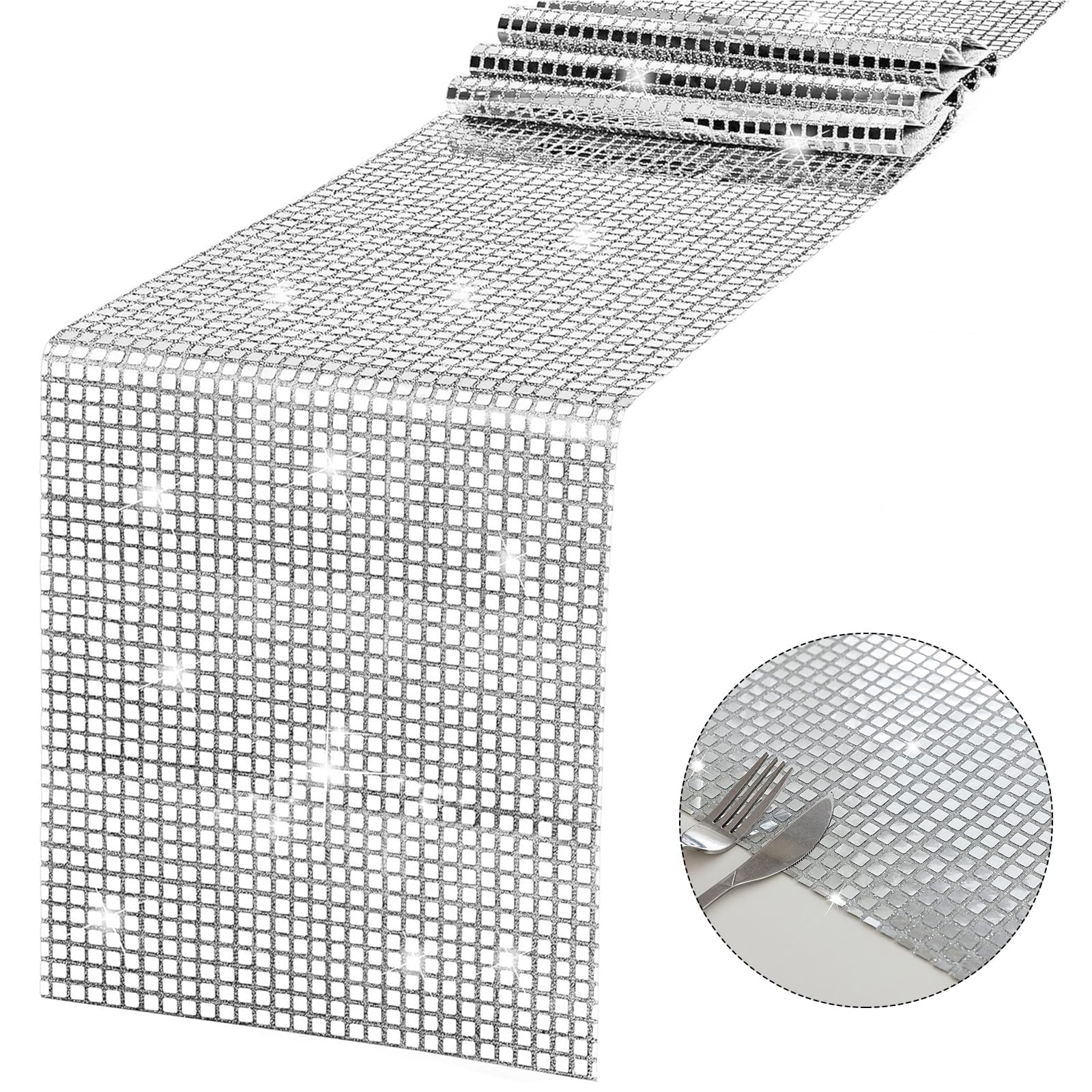 13 x 71 Inch Glitter Disco Table Runner Mirror Silver Table Runner Disco Ball Party Tablecloth for Retro 70s 80s Theme Disco Party Birthday Party Decorations