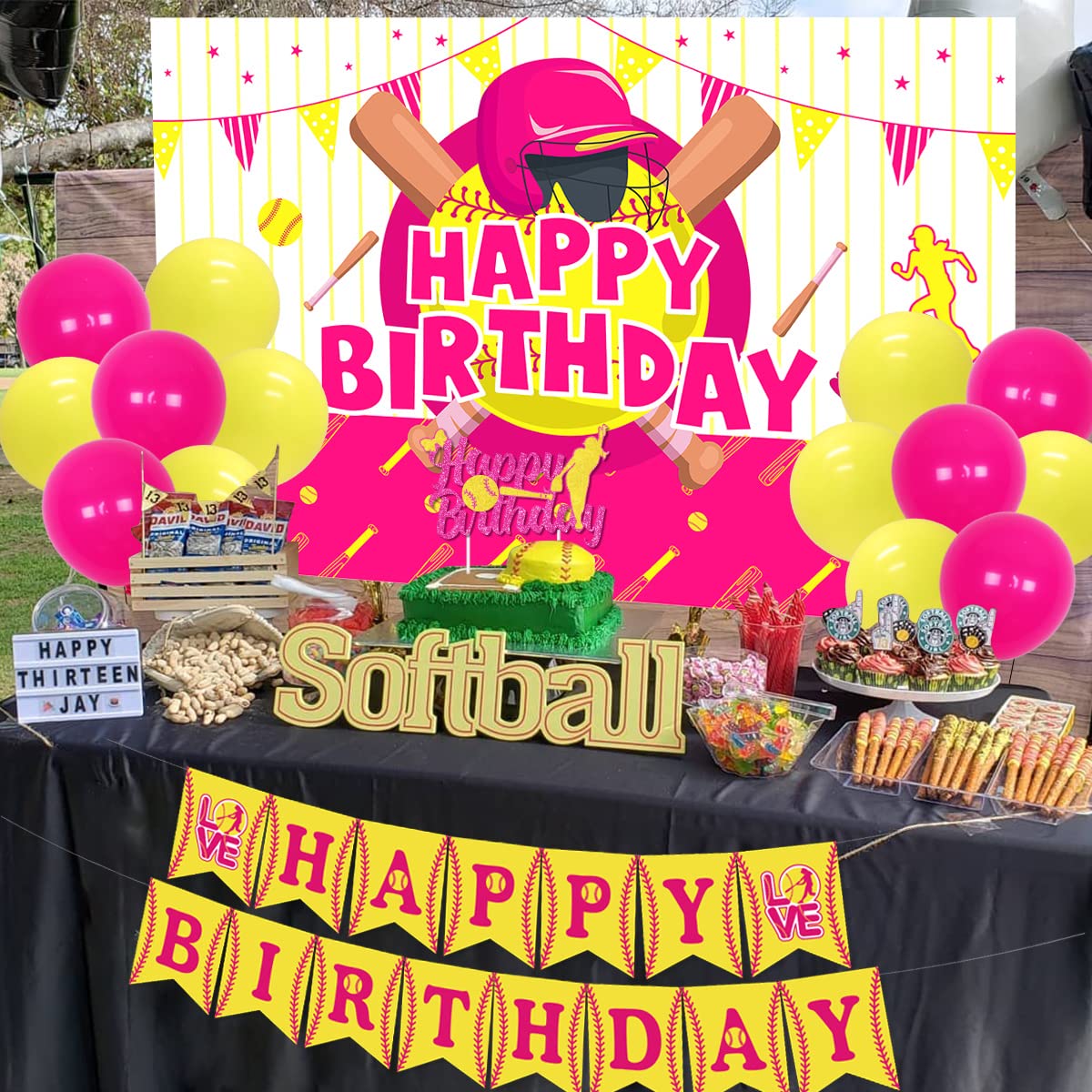 JOYMEMO Softball Birthday Decorations For Girls - Pink & Yellow Banner, Cake Topper, Foil Balloons, Party Supplies