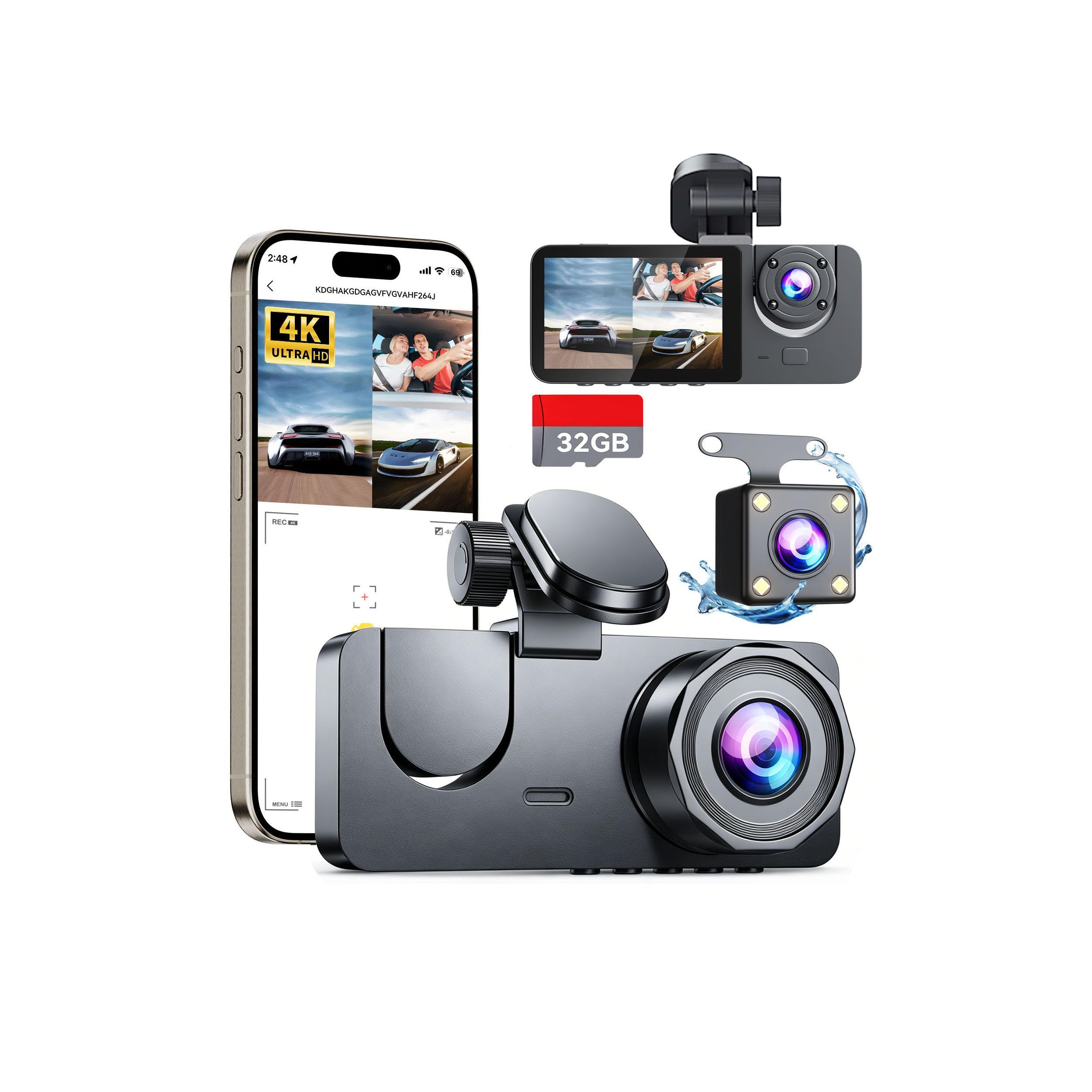 Dash Cam Front and Rear Inside 3 Channel, 4K Full HD Dash Camera for Cars