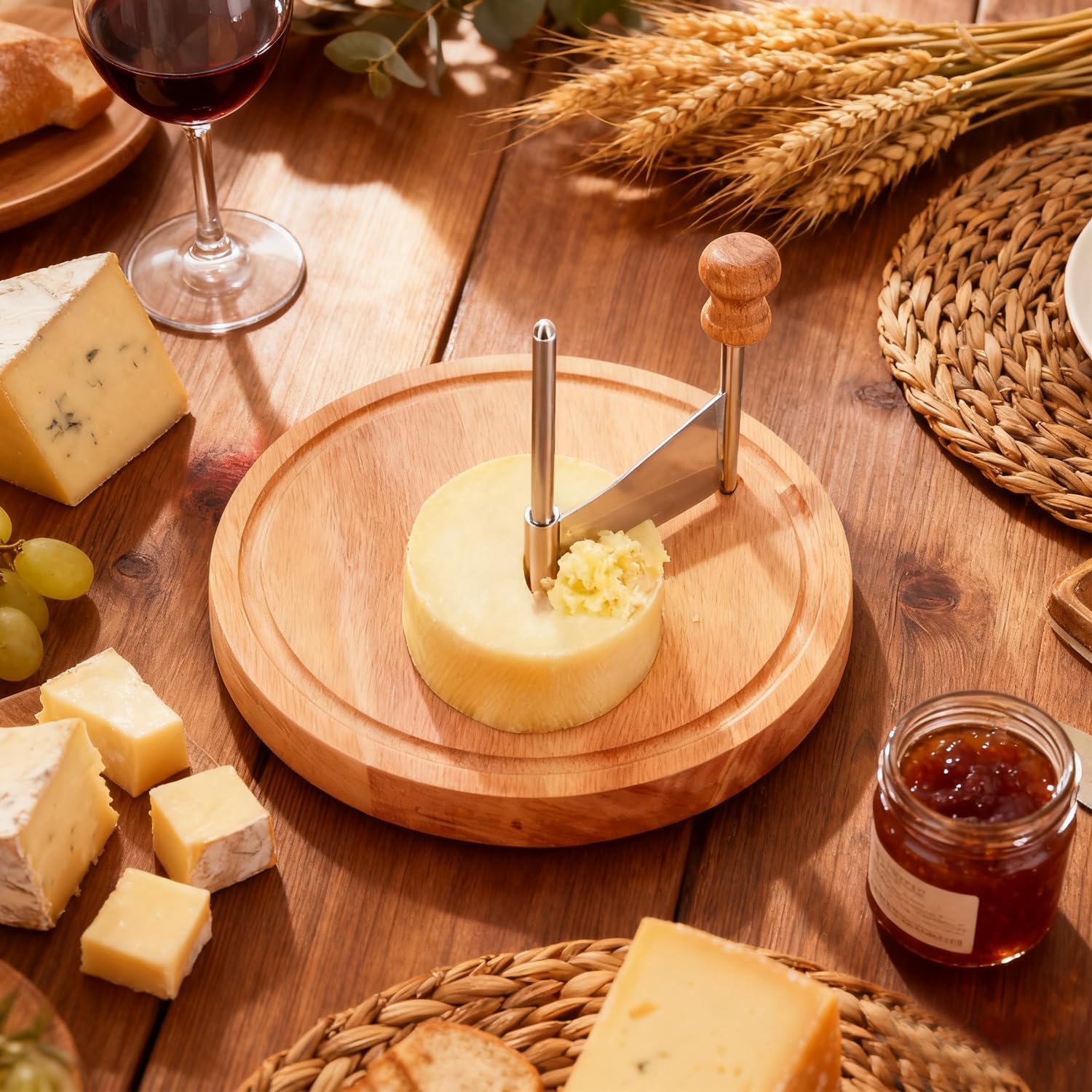 Wooden Cheese Curler Cutter, Stainless Steel Cheese Shaver for Cheese Wheel and Chocolate Block, Manual Cheese Slicer Tools Set with Tweezer for Home Kitchen Commercial Dessert Restaurant Cafe