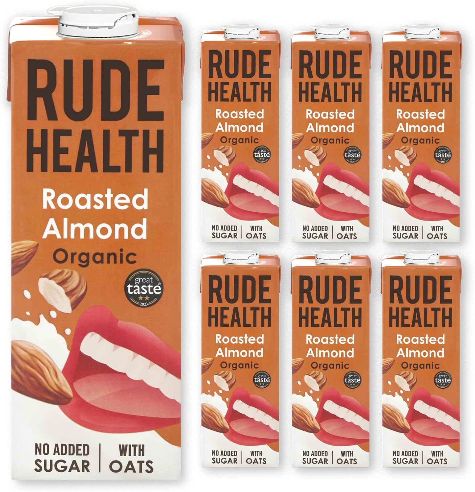 Rude Health Roasted Almond Drink 6 x 1 Litre, Vegan, Dairy Free, No Added Sugar, Made with Organic Oats & Almonds, Smooth & Nutty Taste, Perfect for Coffee, Cereal & Cooking