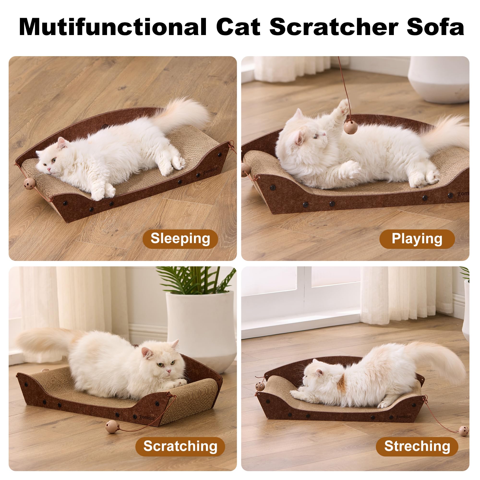 ZOMISIA Kratzbrett Katzen 66cm - Großes Kratzpappe für Katzen aus Hochwertiger Pappe, Kratzbretter Katze mit Glockenball-Spielzeug