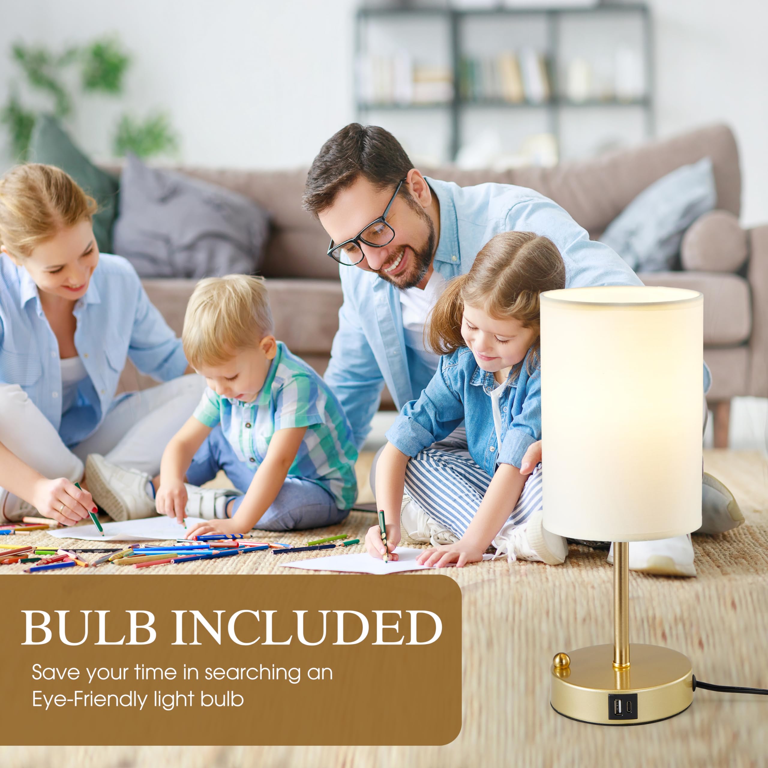 Briever Touch Control Tischlampe für Schlafzimmer, 3 Wege Dimmbare Nachttischlampe mit USB-Ladeanschluss, Nachttischlampe mit goldenem Telefonständer und rundem Leinenstoff für Wohnzimmer