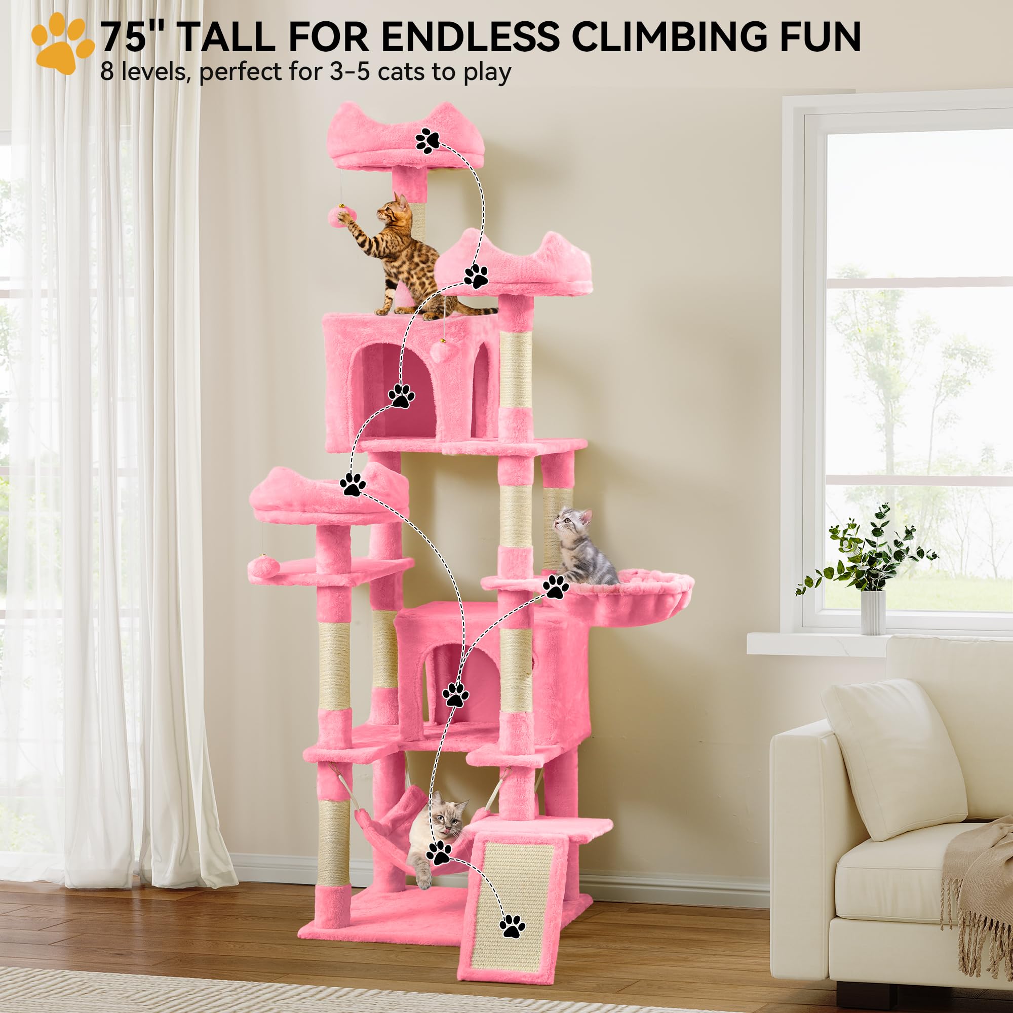 YITAHOME Tall Cat Tree for Indoor Cats, 75 inch Multi-Level Cat Tower with Cat Condos, Top Perches, Sisal Ramp Scratching Posts, Cozy Basket,Hammocks, Large Cat Pet Activity Structure,Pink