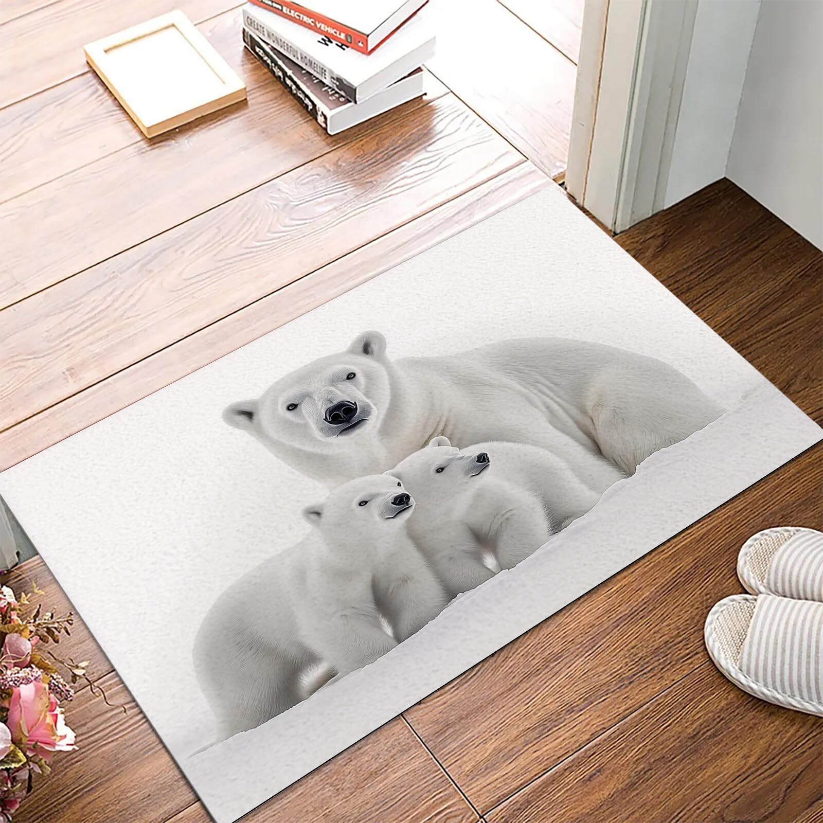 Tapete Blanco Grisáceo Oso Polar En La Nieve Puerta Felpudo De Entrada Exterior Atrapar Suciedad Alfombra Animales Sencillos para Interior Jardines Cocina Pasillo Trasera Delantera,90X150Cm