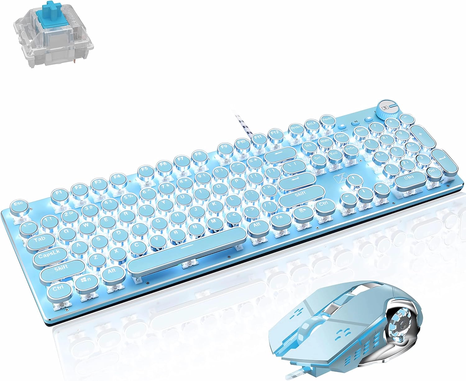 Basaltech Blue Mechanical Gaming Keyboard, Retro Steampunk Vintage Typewriter-Style Keyboard with LED Backlit, 104-Key Anti-Ghosting Blue Switch Wired USB Metal Panel Round Keycaps (Blue-SK)