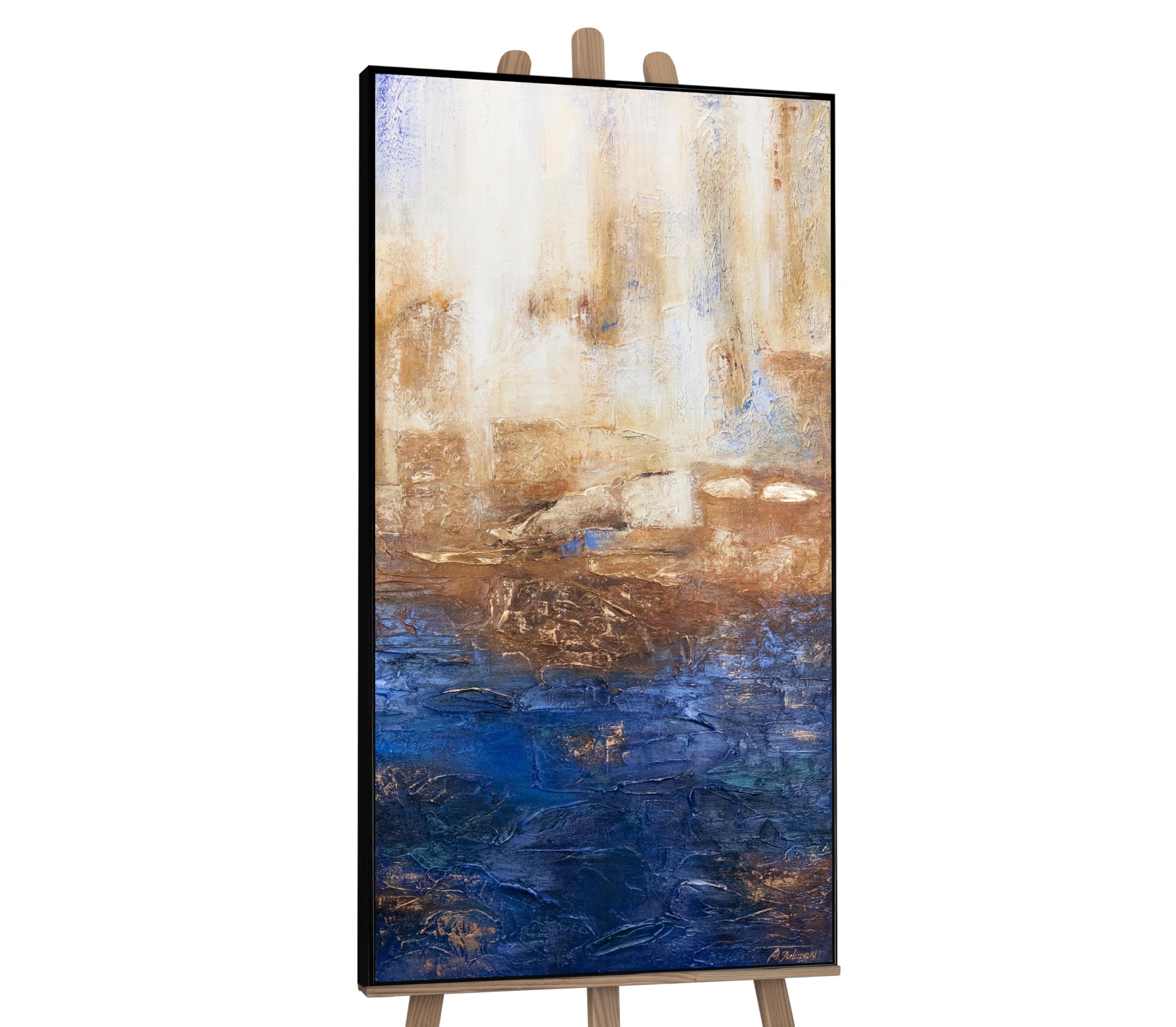 Ys With Black Frame -Art Original Handmade Painting – Blue Beige Abstract Vertical, Textured Canvas Artwork, Modern Luxury Wall Art For Living Room Office 63X32 Inch
