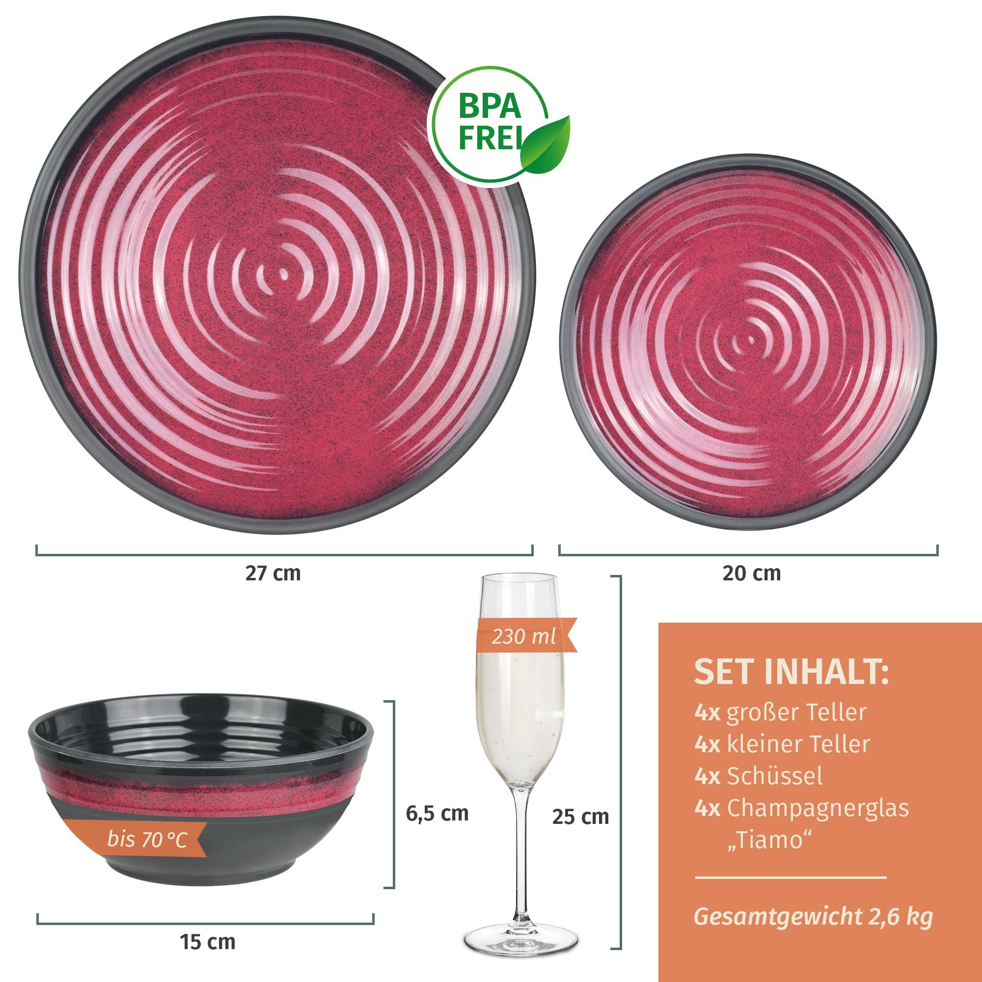 Melamina zestaw naczyń kempingowych dla 4 osób, Stone Red + 4 szklanki Tiamo Champgner Flûtes naczynia stołowe piknik BBQ naczynia do gotowania
