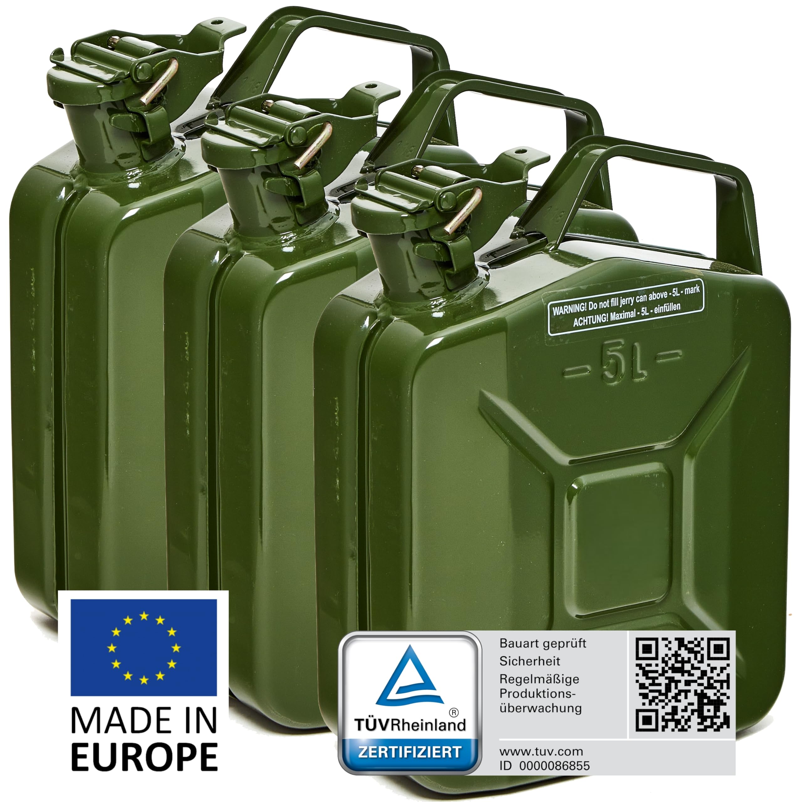 Oxid7® by BW Benzinkanister Metall 3x 5 Liter - Kraftstoffkanister Olivgrün RAL 6003 - TÜV-geprüft, UN-zertifiziert - 0,8mm Stahl DIN 7274 - Für Benzin, Diesel, E10, 2-Takt - Made in Europe