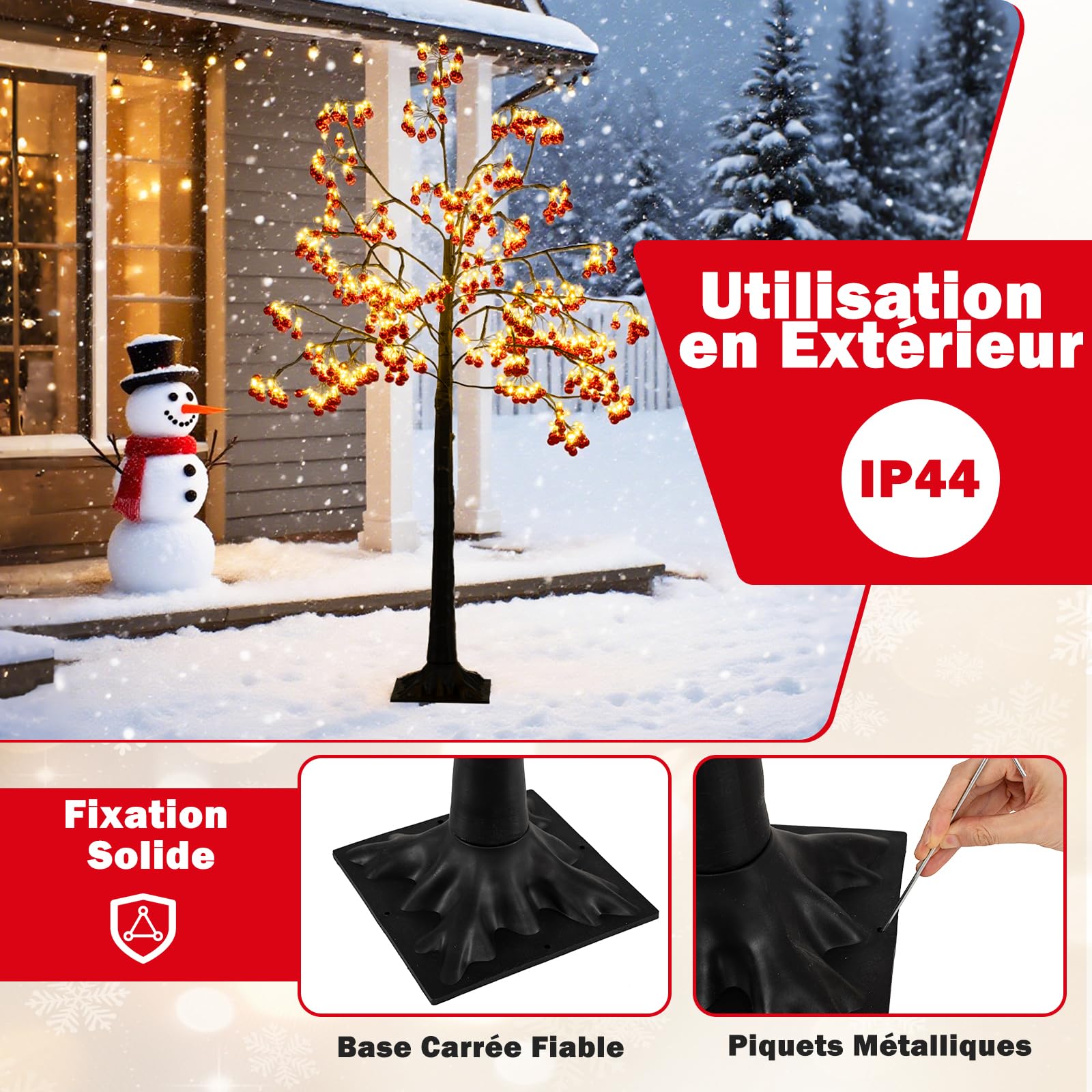 COSTWAY 150 cm Arbre Artificielle Lumineux, 384 Boules Rouges, Sapin de Noël, 480 LED Blanc Chaud, Branches Flexibles, Piquets de Sol, Noel Decoration Exterieur Interieur