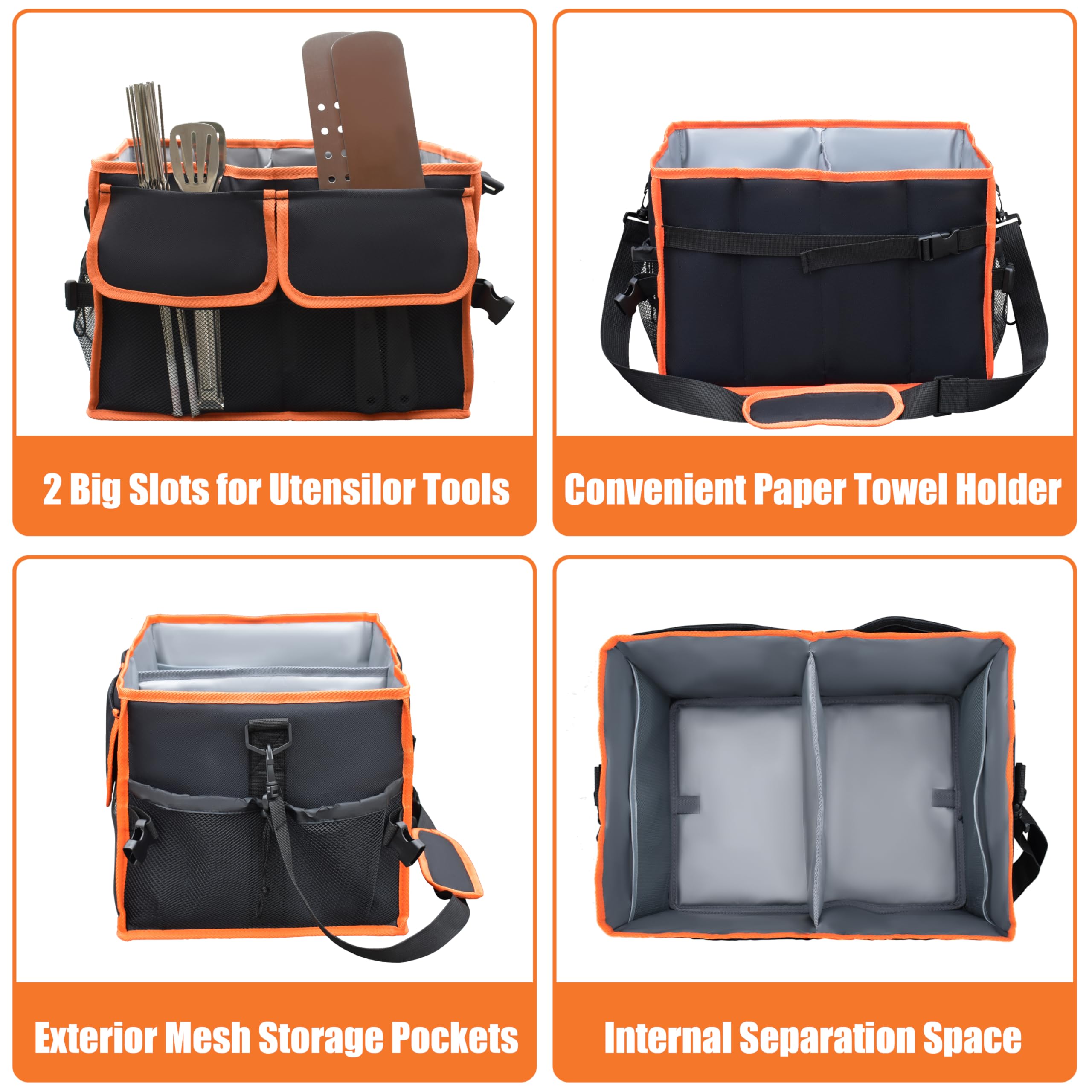 Contenitore per barbecue e grill, con porta asciugamani di carta, in legno, per campeggio, picnic, portatile, 29,5 x 25,9 x 13,5 cm, organizer per barbecue per campeggio all'aperto (noce marrone