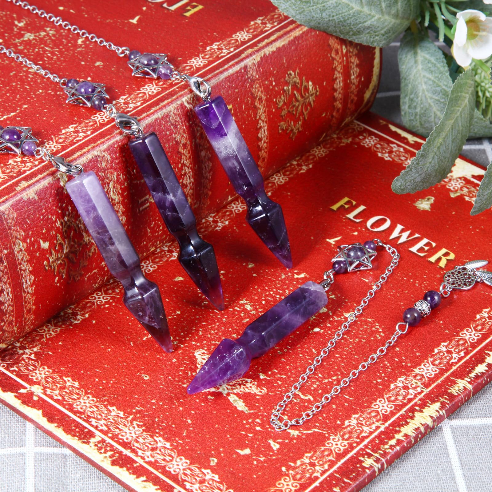 Nupuyai Amethyst Crystal Stone Point Dowsing Pendulum for Divination Scrying Arrow Shape Healing Stone Pendulum with Merkaba Star Dream Catcher Chain - Image 4