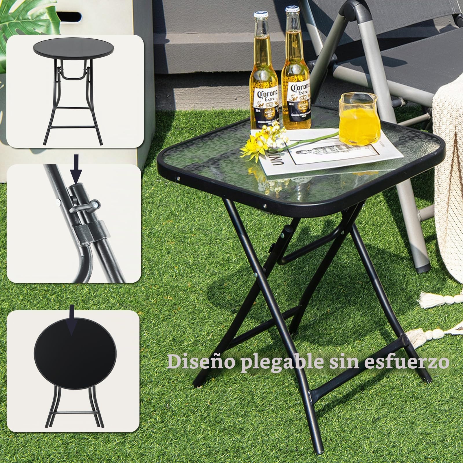 KOMFOTTEU Mesa de Jardín Plegable, Mesa de Comedor con Tapa de Cristal y Marco de Metal, Mesa Lateral Portátil Carga 50 kg, Mesa de Bistró para Patio, Terreza, Balcón, 46 x 46 x 47 cm (Cuadrada)