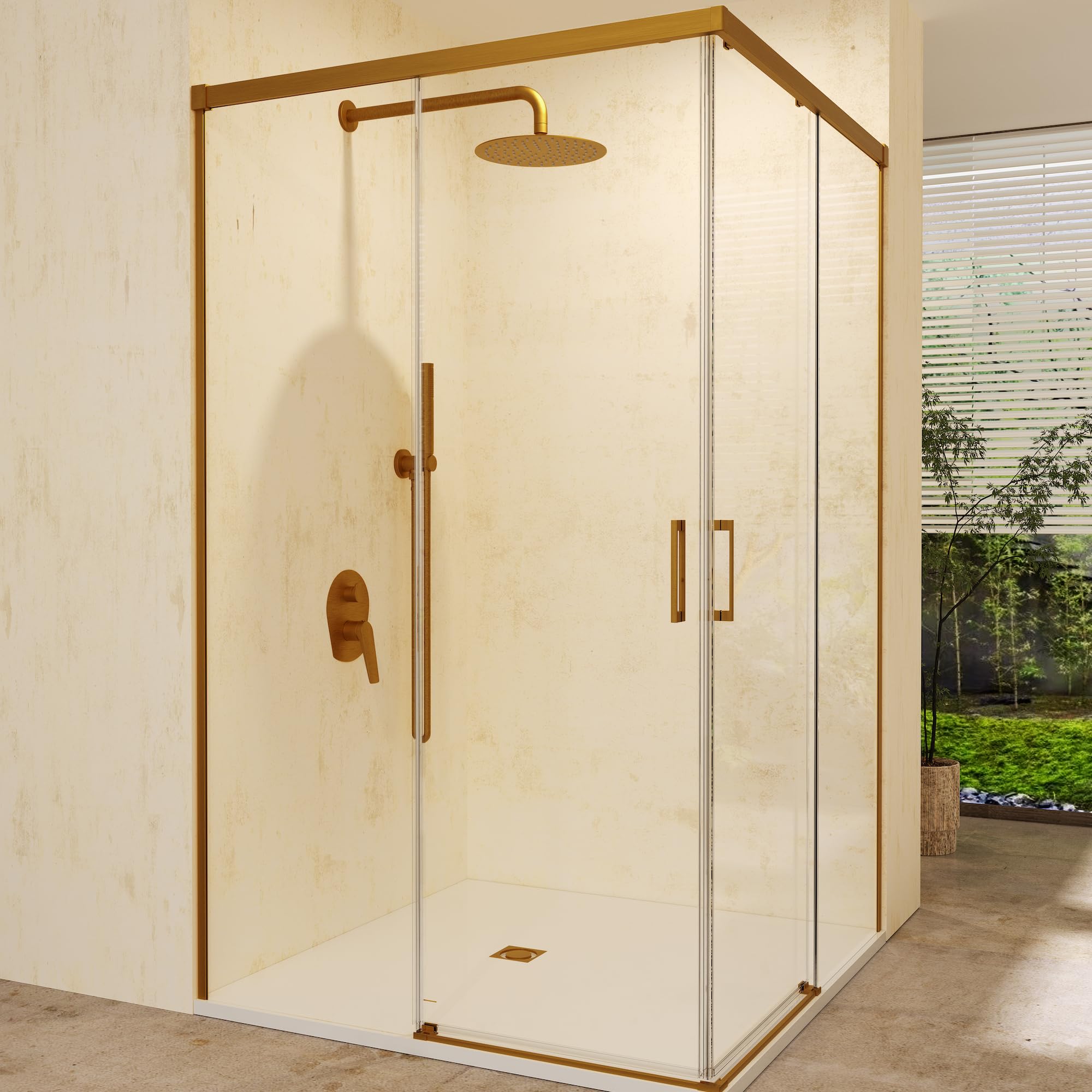 IMEX - Mampara Ducha Dorada Dos Puertas 2 Fijas + 2 Correderas 70x110cm | Mampara de Cristal Reversible, Perfilería con Ancho Adaptable y 195cm de Altura | Vidrio con Grosor 6mm y Cierre Magnético