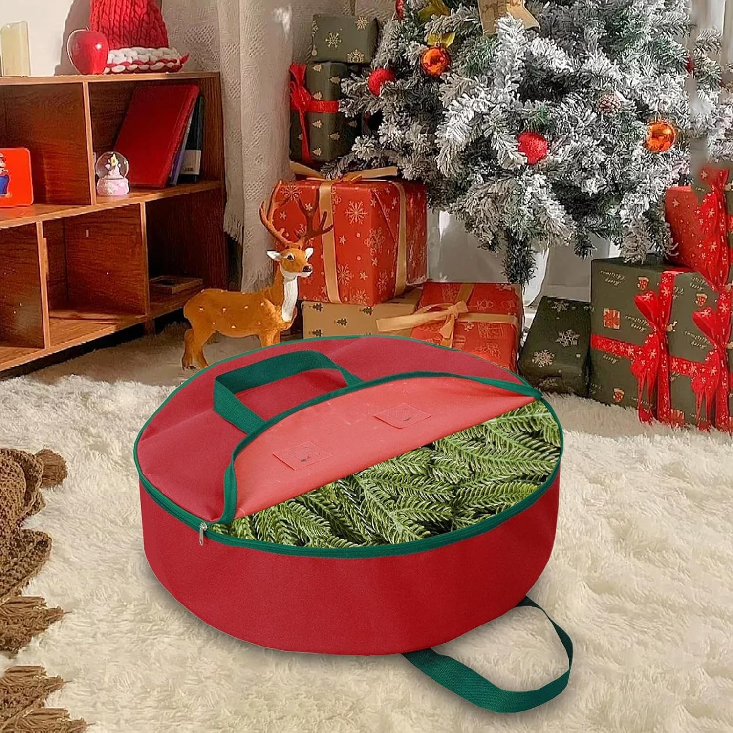 Christmas Wreath Container - Durable 600D Fabric Organizer Box, Reinforced Handles Zipper Closure | for Ornament Storage Holiday Decoration Clothes Accessories Packing