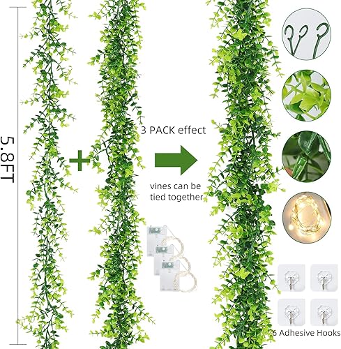 Miniatura 8 de RECUTMS Guirnalda de eucalipto sintético, enredaderas artificiales, hojas de eucalipto colgantes artificiales, enredaderas verdes para telón de