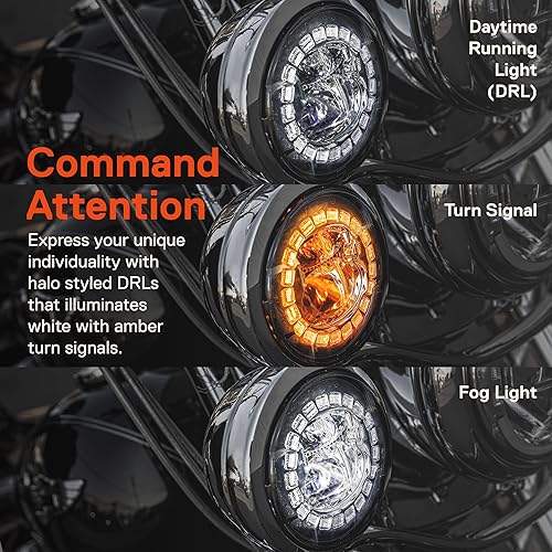 Miniatura 5 de TRUE MODS - 2 luces antiniebla LED negras de 4.5 pulgadas para motocicletas Harley Davidson señales de giro DRL y ámbar BLANCO lente dual ojo de pez