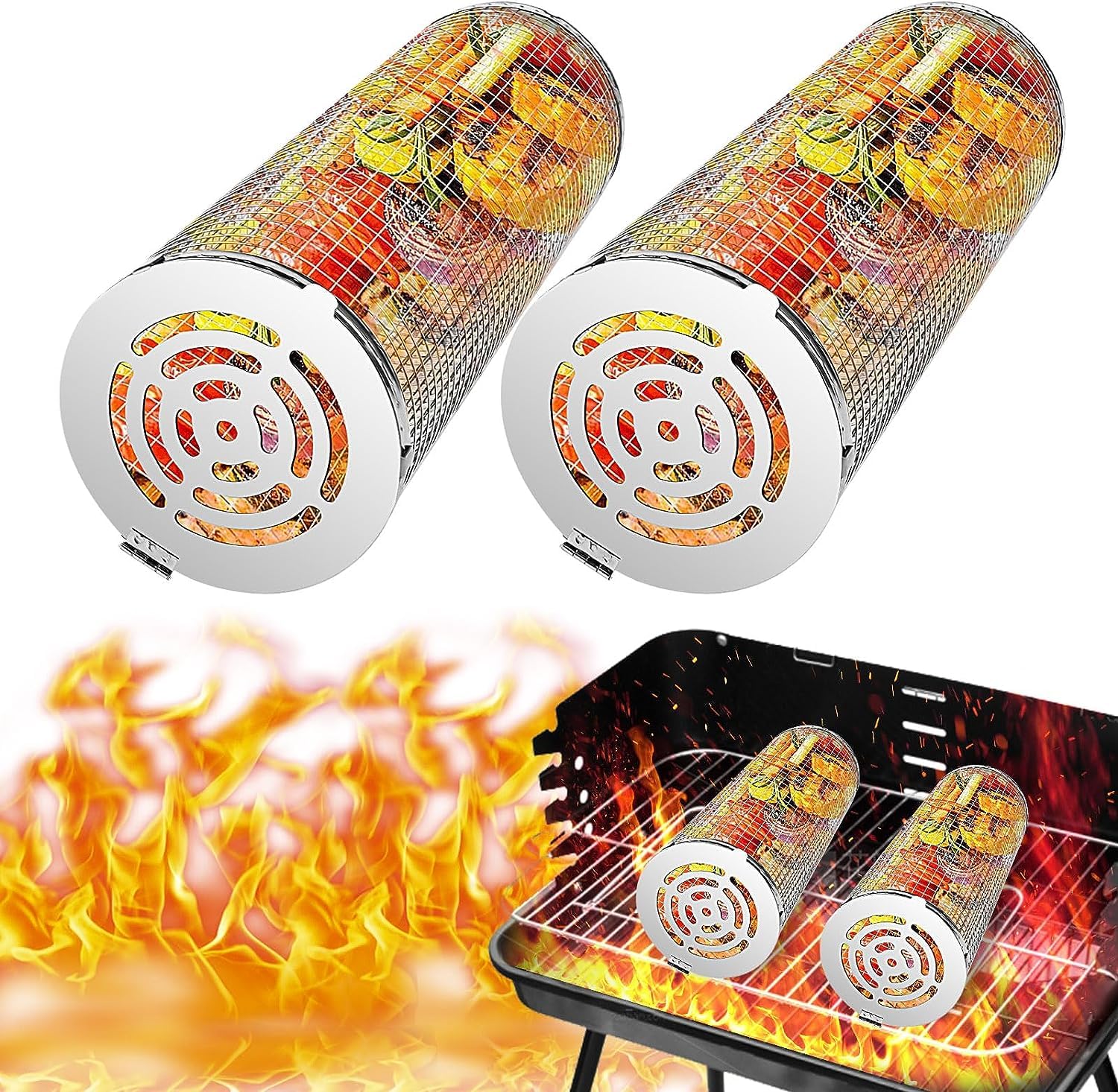 Grill Basket, BBQ Grill Basket, Rolling Grilling Basket, Stainless