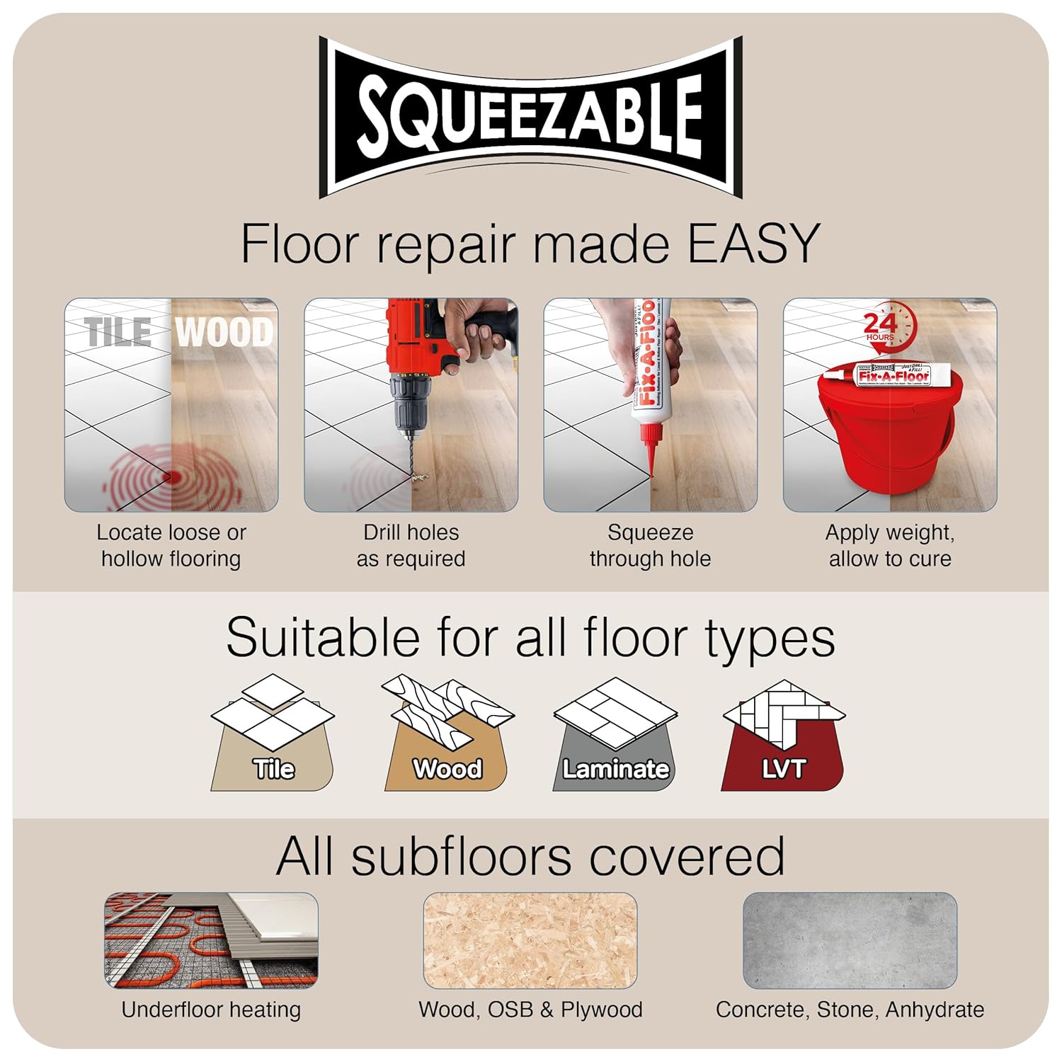 Hand squeezing Fix-A-Floor adhesive into a floor seam