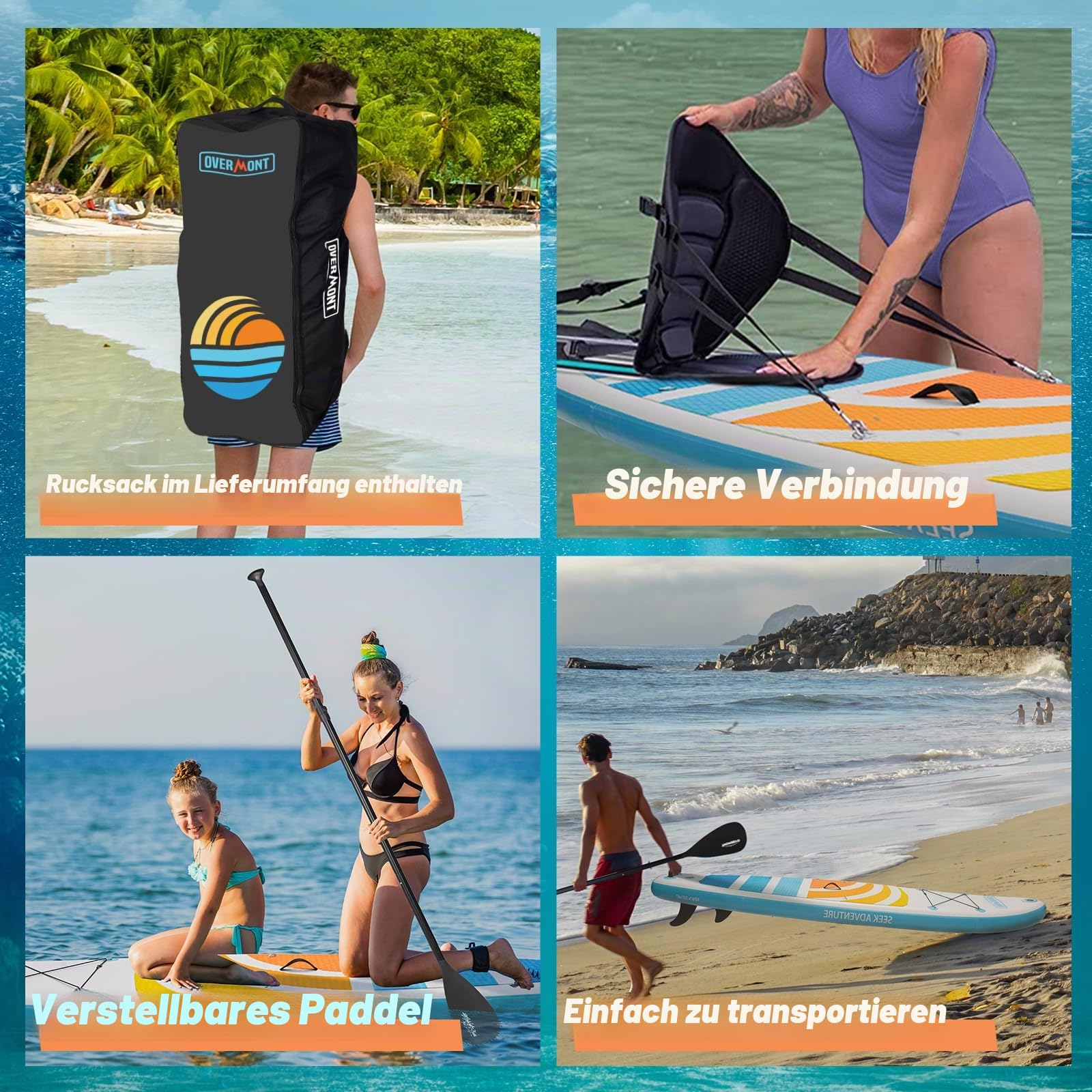 Overmont SUP Board Aufblasbar Stand Up Paddle Board für Erwachsene 323x84x15 cm, Komplettes SUP Set mit Verstellbarem Paddel, Pumpe, Rucksack, Leash & 3 Finnen