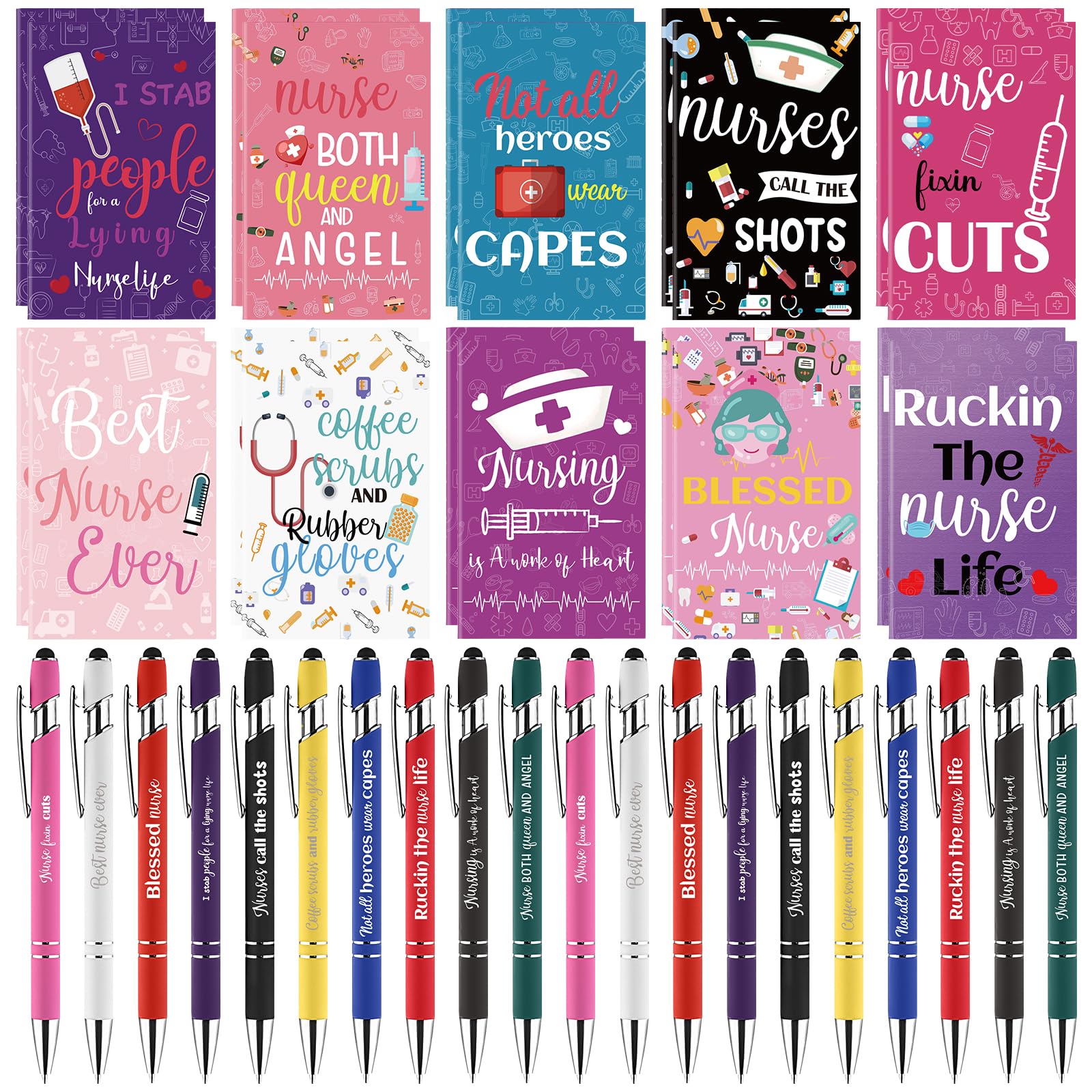 20 Sets Nurse Graduation Gifts Bulk Nurse Appreciation Gifts Nurses Notebooks Pocket Notepads Nursing Ballpoint Pens Thank You Gift for Nurse Week Doctor Medical Assistants Healthcare Staff Coworker