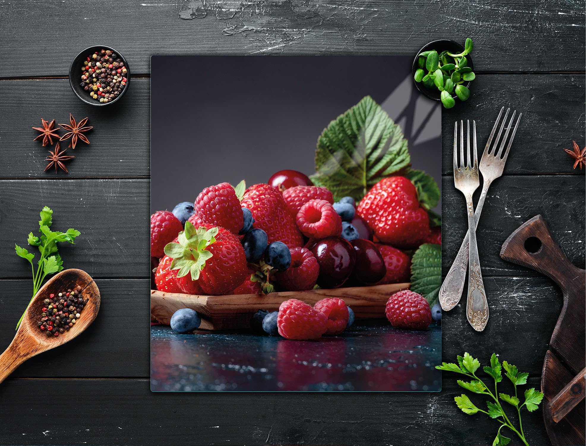 Copri Piano Cottura In Vetro Temperato 45x52 Cm, Stampa Fragole. Paraspruzzi E Tagliere Universale, Regalo Per La Cucina. - 3