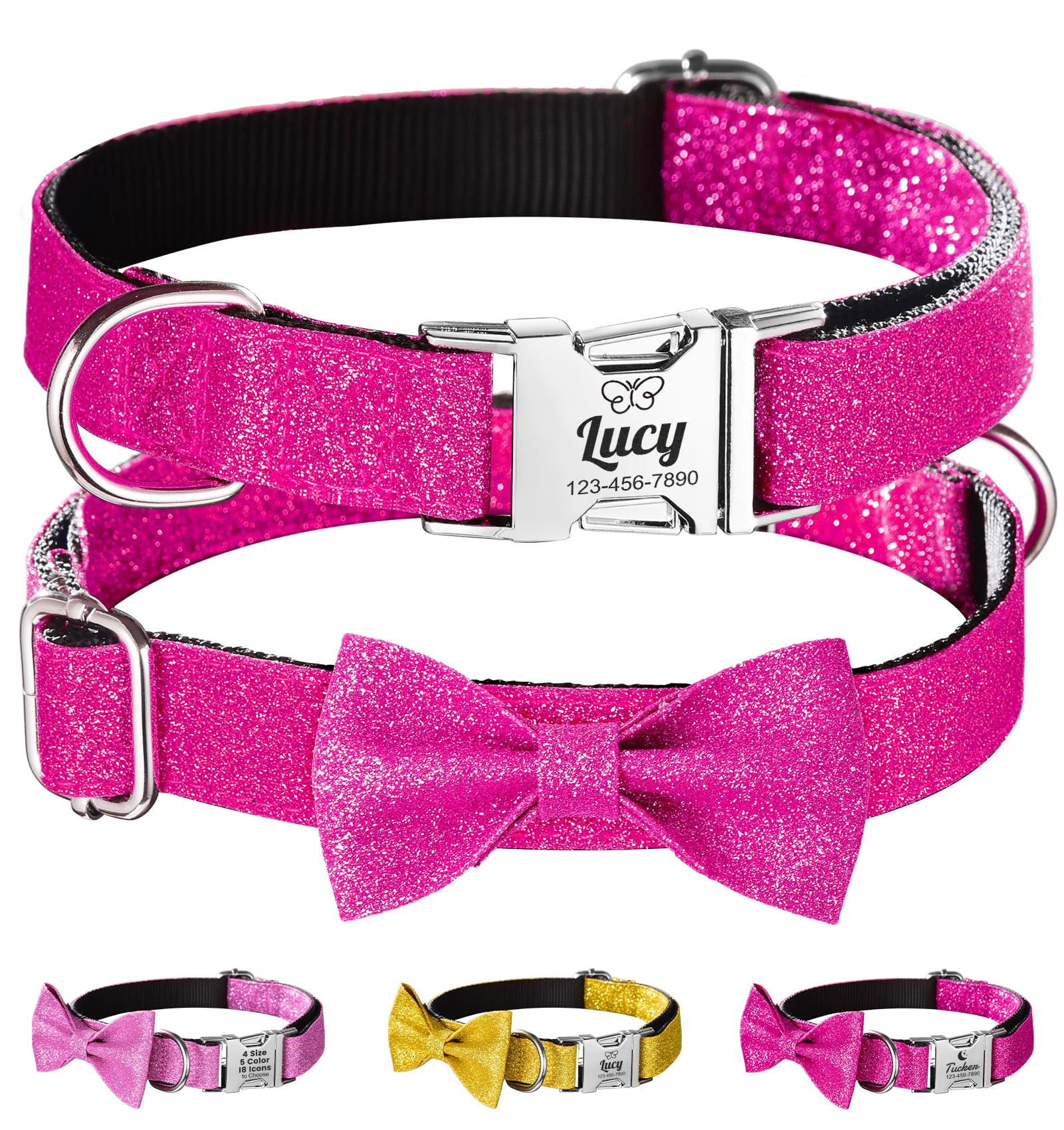 Personalized Girl Dog Collar with Glitter Bowtie, Pink Bling Collar for Small Medium Large Dogs, Engraved Name and Phone Number, Pet Collar with Quick