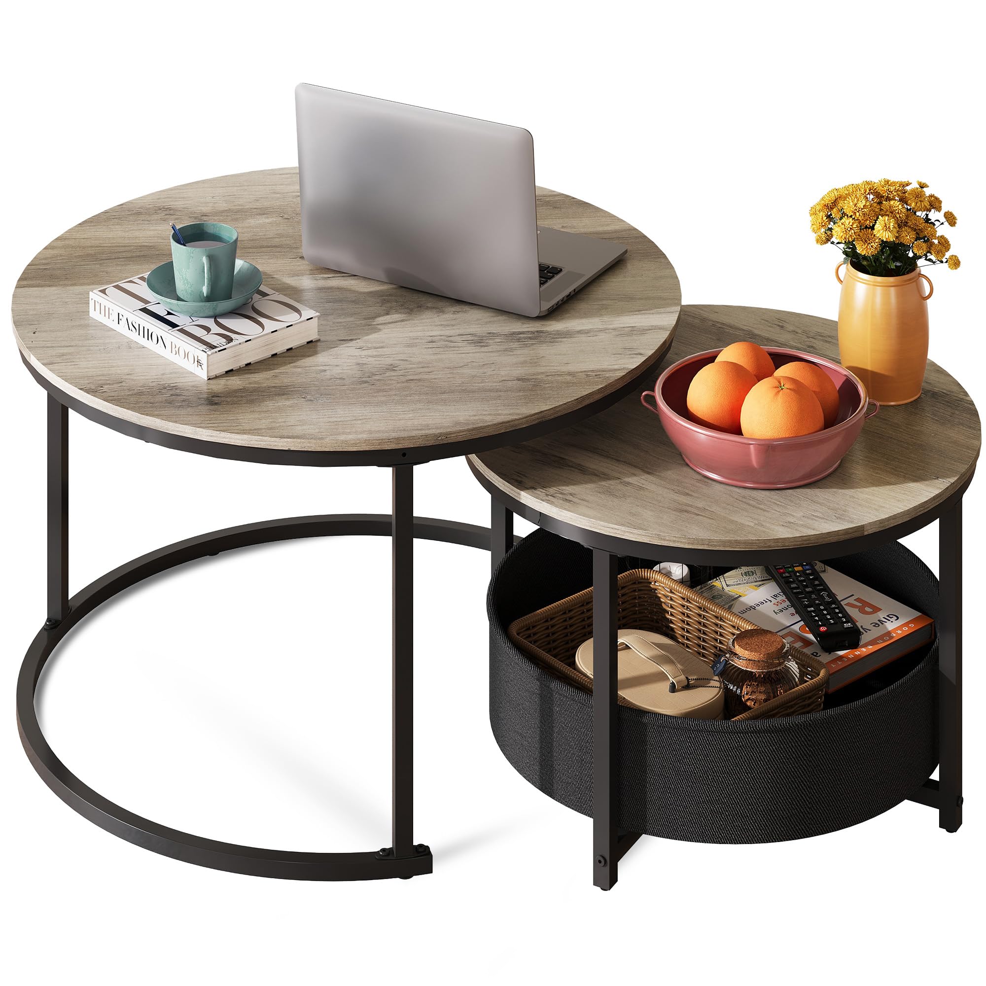 WLIVE Couchtisch 2er Set, Beistelltisch Rund mit Stauraum, Wohnzimmertisch Holz mit Metallrahmen, Sofatisch für Wohnzimmer Schlafzimmer