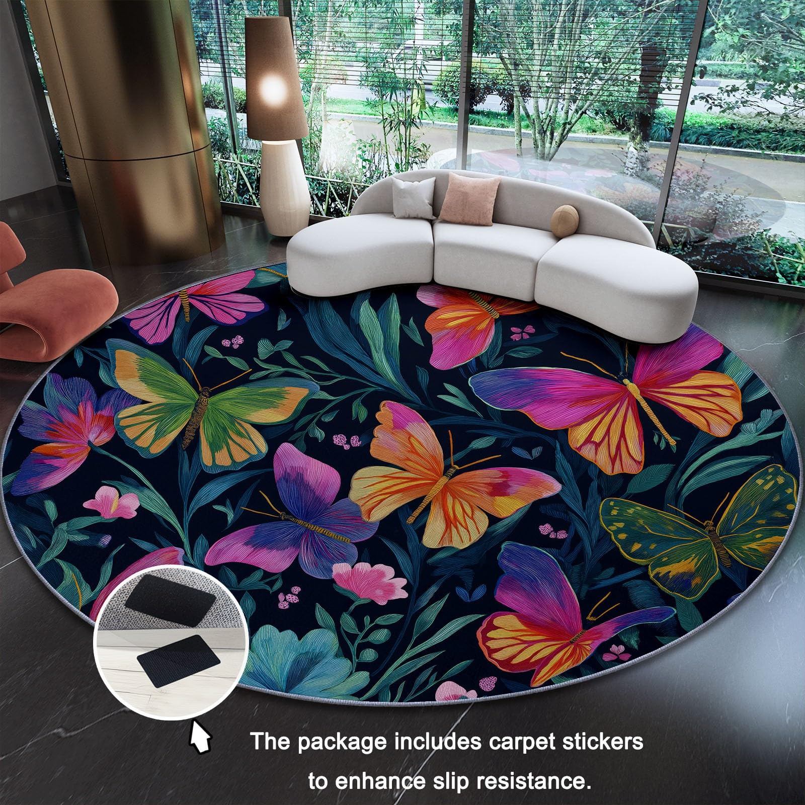 Genérico Alfombra Redonda para Comedor Botánicos Naturales Mariposas Motivo Alfombra Antideslizante Suave y esponjosa para Sala de Estar, Dormitorio, habitación Infantil, 180 cm, Vistoso