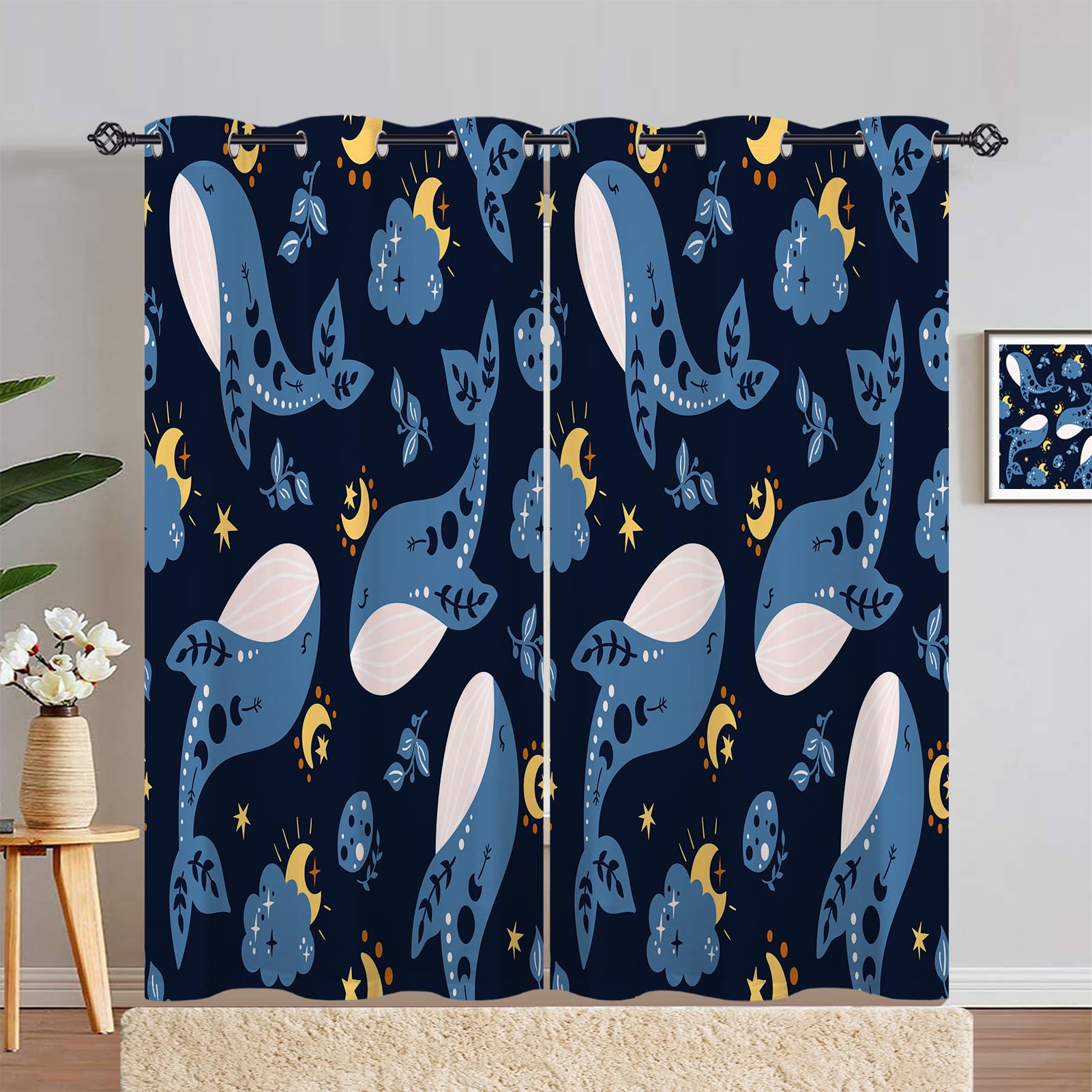 ANHOPE Blue Whale Curtains Eyelet Soft Thermal Insulated Blackout Curtains Ocean Sea Animal Cloud Moon Stars Print Pattern Ring Top Drapes for Kids Bedroom Living Room 66 x 72 Inch Drop 2 Panels