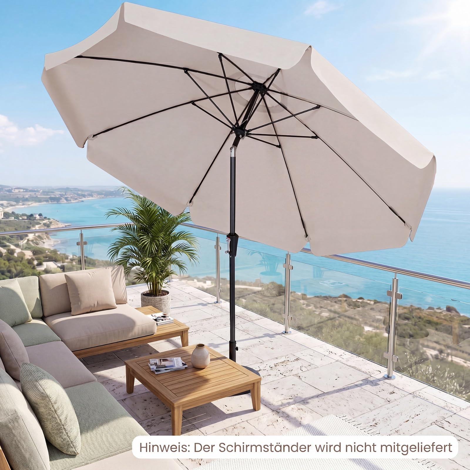 COSTWAY Sonnenschirm 300 cm, Gartenschirm mit Volant & Kurbel, beidseitig um 30° knickbar, Balkonschirm mit 8 Glasfaser-Rippen, Terrassenschirm, Marktschirm für Garten, Balkon, Terrasse (Beige)