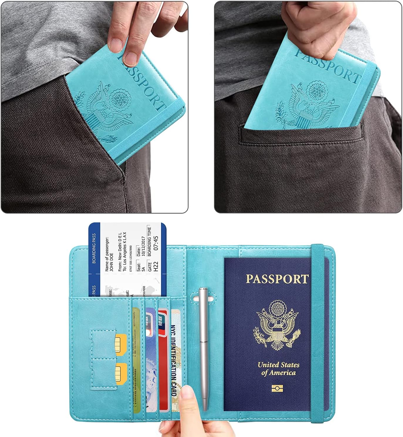  | ACdream Passport Holder Cover, Leather Travel Wallet Case, RFID Blocking Document Organizer Protecrtor, with Slots for Credit Cards, Boarding Pass, for Women and Men, Sky Blue | Passport Covers