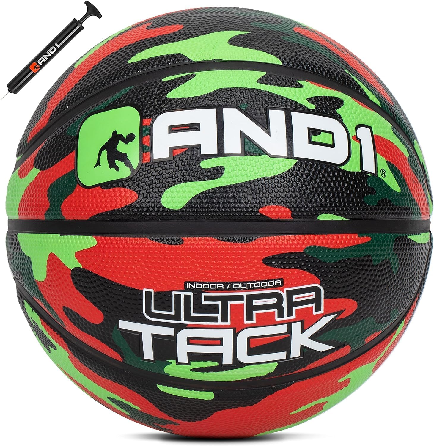 AND1 Ultra Grip Basketball: Official Regulation Size 7 (29.5 inches) Rubber- Deep Channel Construction Streetball, Made for Indoor Outdoor Basketball Games Red/Green