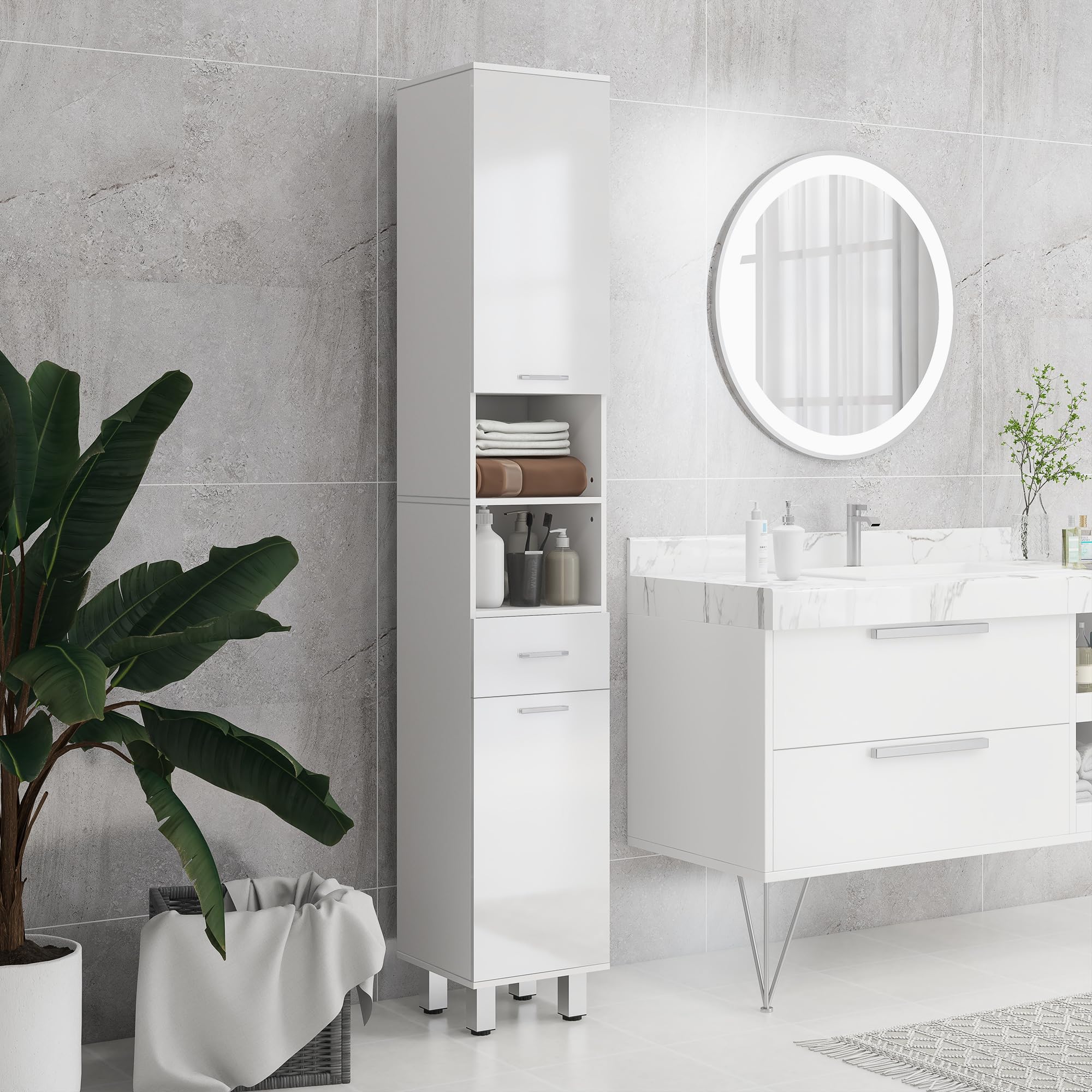 kleankin Mobiletto Bagno Salvaspazio a Colonna, Mobile Bagno con Cassetto, 2 Ripiani Aperti, 2 Armadietti, Ripiani Regolabili, per Sala da Pranzo Salotto Soggiorno Cucina, 30x30x180cm, Bianco Lucido