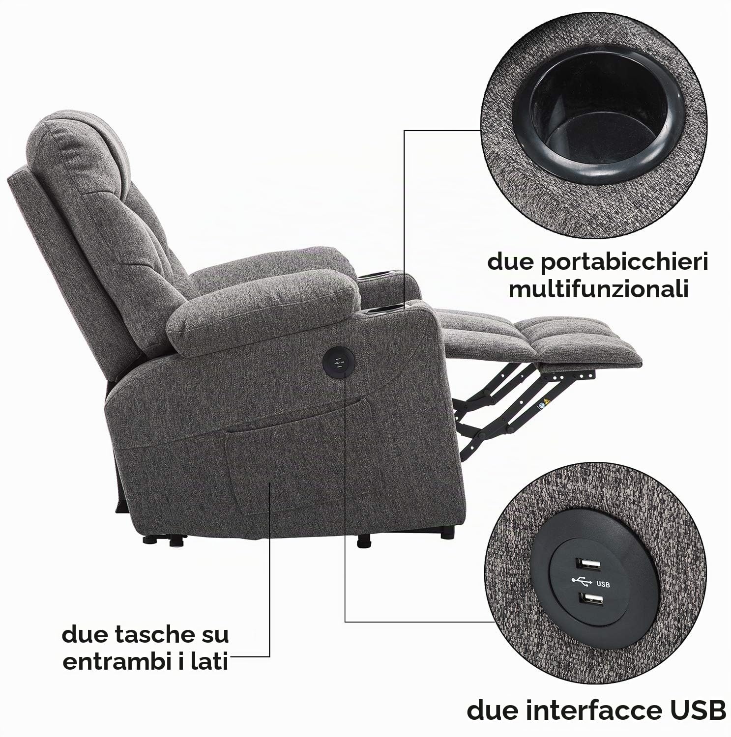 MCombo 7286DE - Poltrona relax elettrica con ingressi 2 USB, tessuto grigio scuro