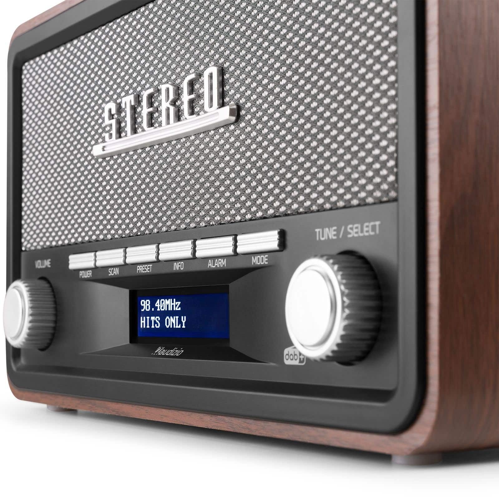 Audizio Foggia, Retro Radio, DAB Plus Radio, Bluetooth, Batterie- Netzbetrieb, Radiowecker, FM, 20 Speicherplätze, AUX, Alarm Küchenradio Vintage, Grau