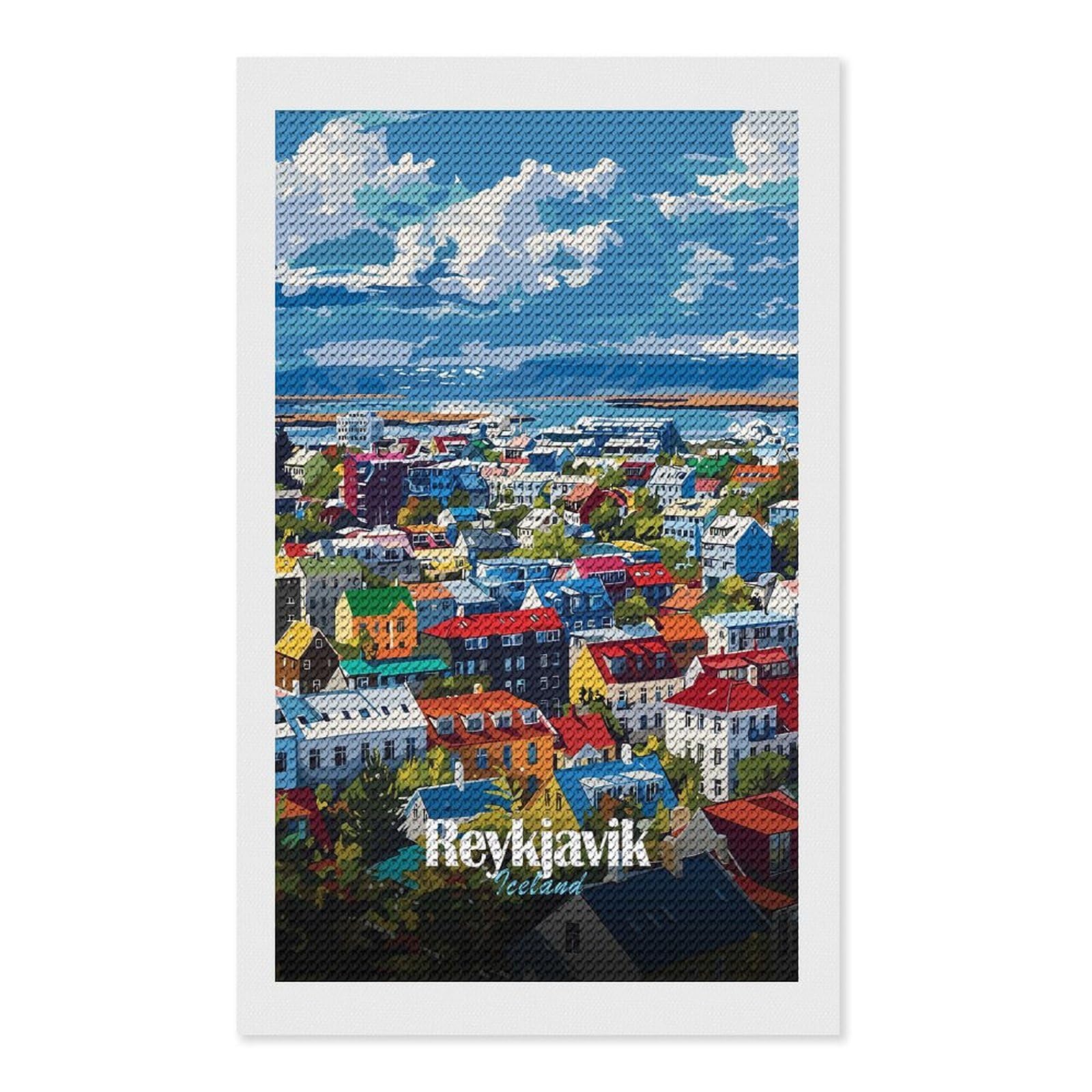 Junmoney Reykjavik, Iceland Cityscape Art DIY Diamond Art Canvas Kit 12"x20", Farmhouse Decor, Vintage Style Decor, Handmade Wall Decor, Canvas Picture