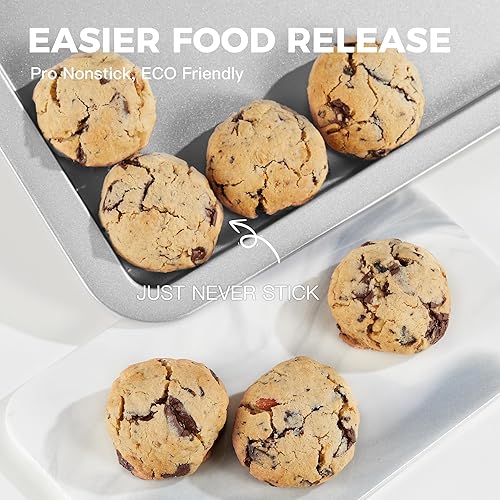 Miniatura 17 de HONGBAKE Hojas de galletas, juego de bandejas para hornear, sartén antiadherente con agarres más anchos, paquete de 3 bandejas para hornear Dorado