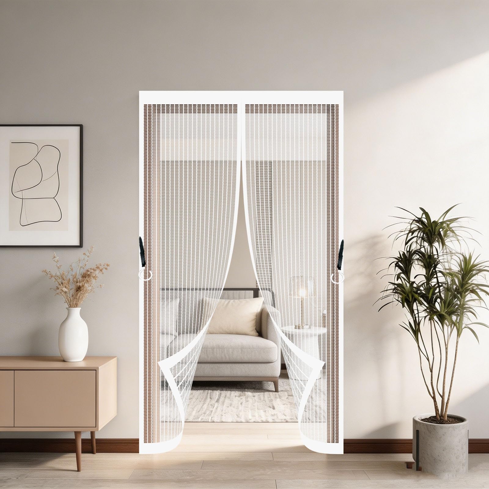 Door Fly Screen 124 x 220 cm Frame Hook & Loop Keep Bugs Out Lets Fresh Air in No Gap Heavy Duty Mesh Curtain for Bedroom Pet Friendly Living Room, White