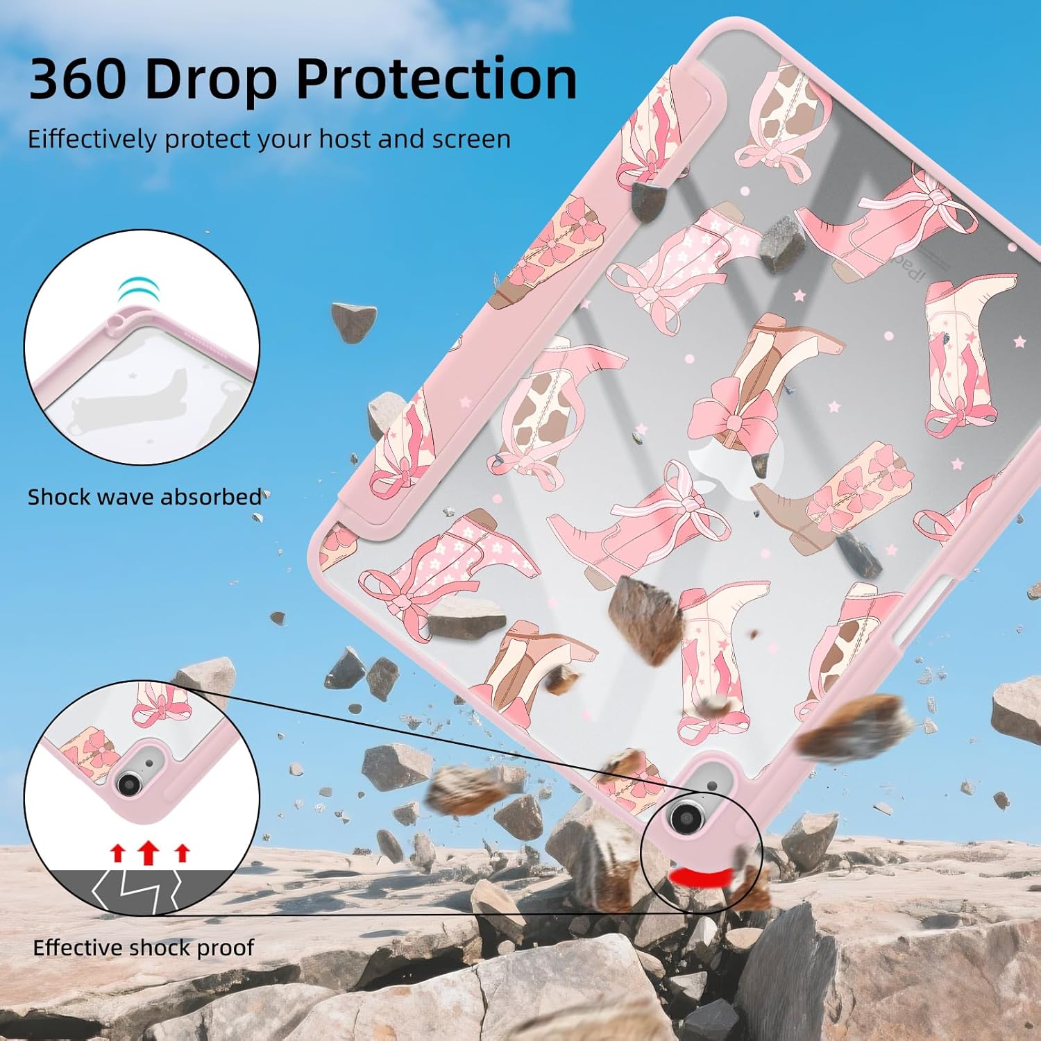 Idocolors Case for iPad 10th/11th Gen (2022/2025 A16 Chip) 10.9", Shockproof Cover Clear Transparent Back Shell with Pencil Holder, Auto Wake/Sleep Case for Women Girls, Cowgirl Boots-Pink