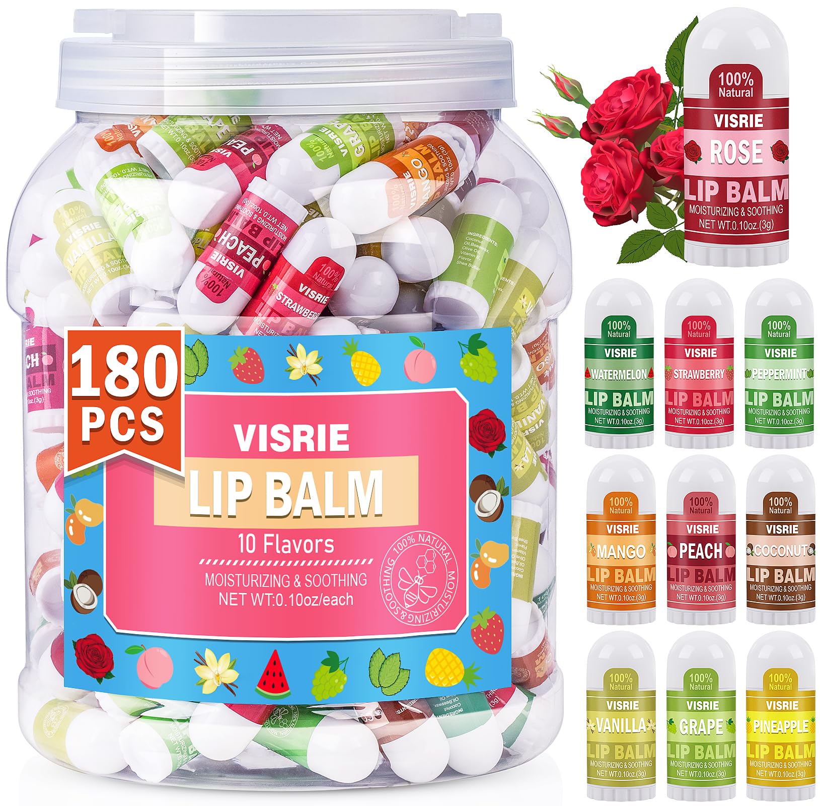 VISRIE 180 Pack Mini Lip Balm Bulk, Natural Lip Balm with Vitamin E & Beeswax, Moisturizing Lip Care for Dry Lips, Perfect for Party Favors, Care