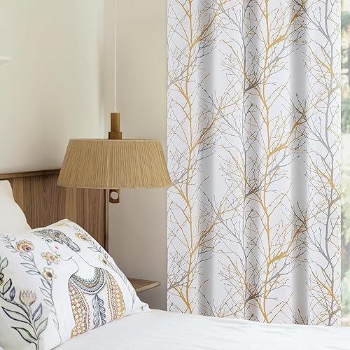 Miniatura 2 de FMFUNCTEX - Cortinas opacas 100% para sala de estar, cortinas amarillas y grises de 63 pulgadas de largo con patrón de ramas para dormitorio,