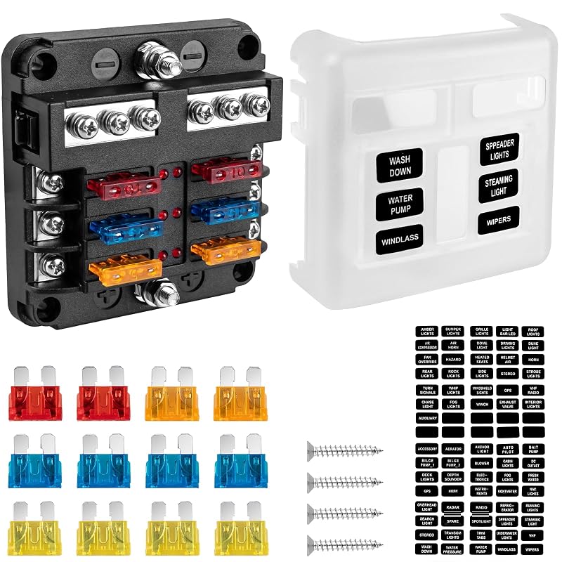Caixa de fusíveis BetyBedy de 6 vias 12 V com indicador LED e tampa protetora – Kit com fusíveis, parafusos e etiquetas