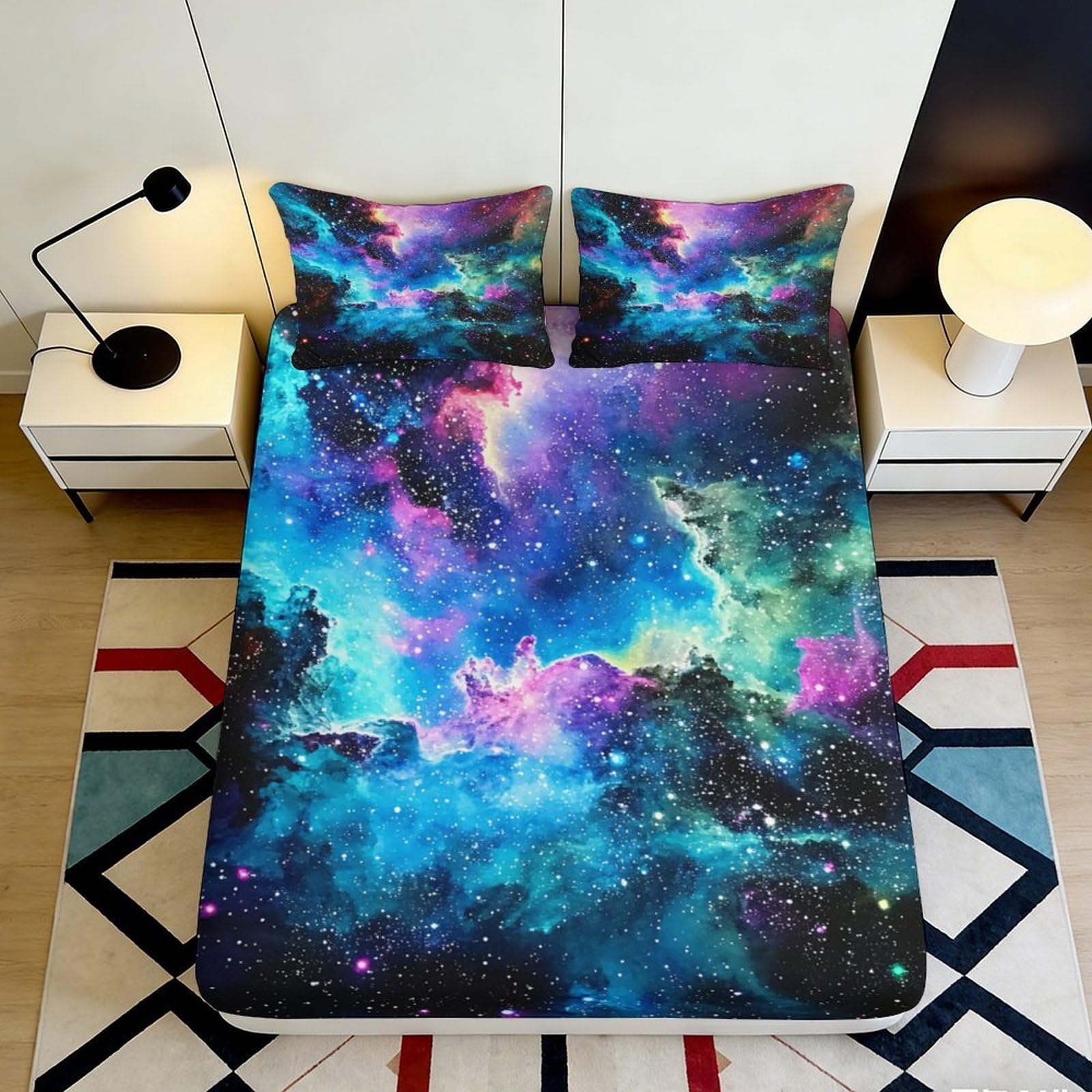 3D Printed Galaxy Starry Sky Fitted Sheet Microfiber Soft Cosmic Nebula Mattress Cover for Bedroom Dorm Decoration Easy Care 90x200x25cm