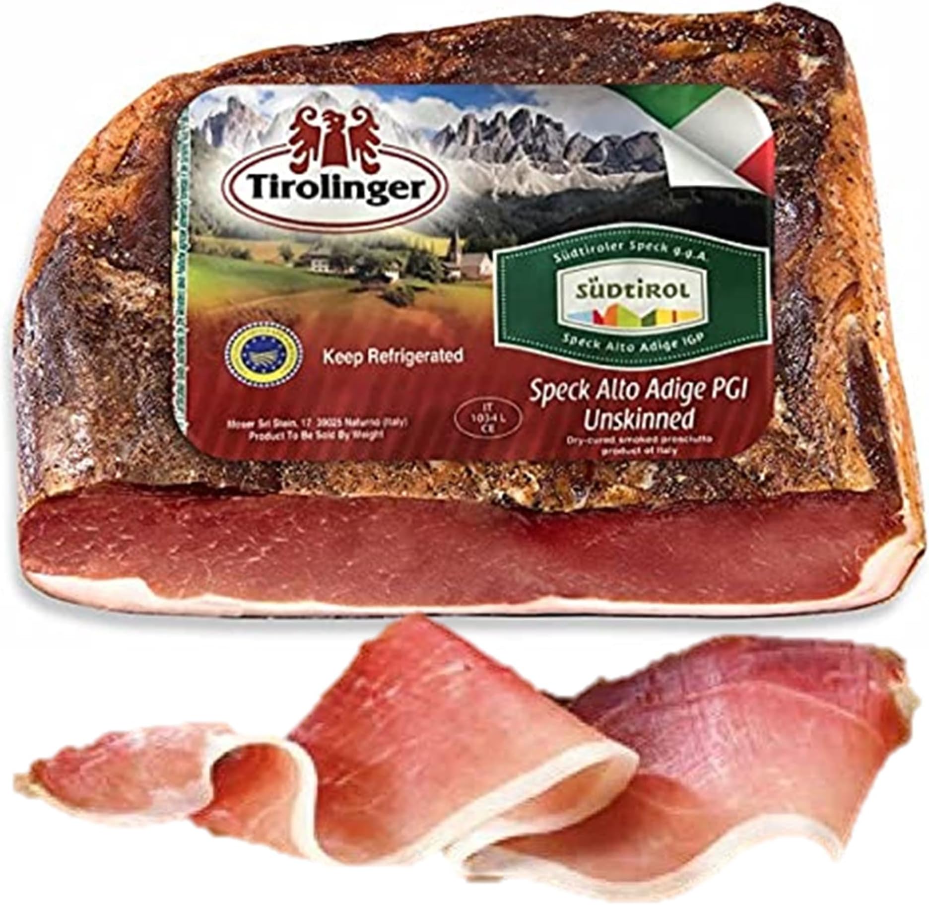 Speck, 6 lbs +/- (4lbs - 6lbs/piece) ,Seasoned and Smoked Italian Ham, Cured in the European Alps Mountains, Alto Adige IGP, Boneless and Ready to Slice, Best sliced paper thin with slicer, (Not Prosciutto), Weight approx. 6 lbs, by Moser Tirolinger brand