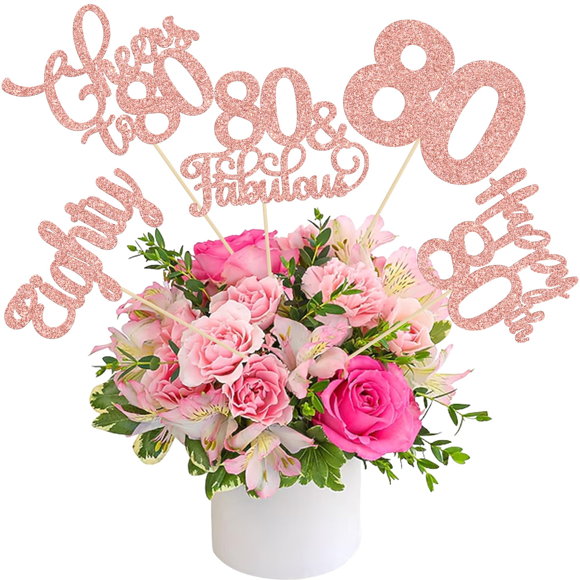 Ephlyn 15Pcs 80th Birthday Centerpiece Sticks Eighty Happy 80 Table Flower Centerpieces Sticks Cheers to 80 Floral Decorations for 80th Birthday Party Centerpieces Supplies Rose Gold