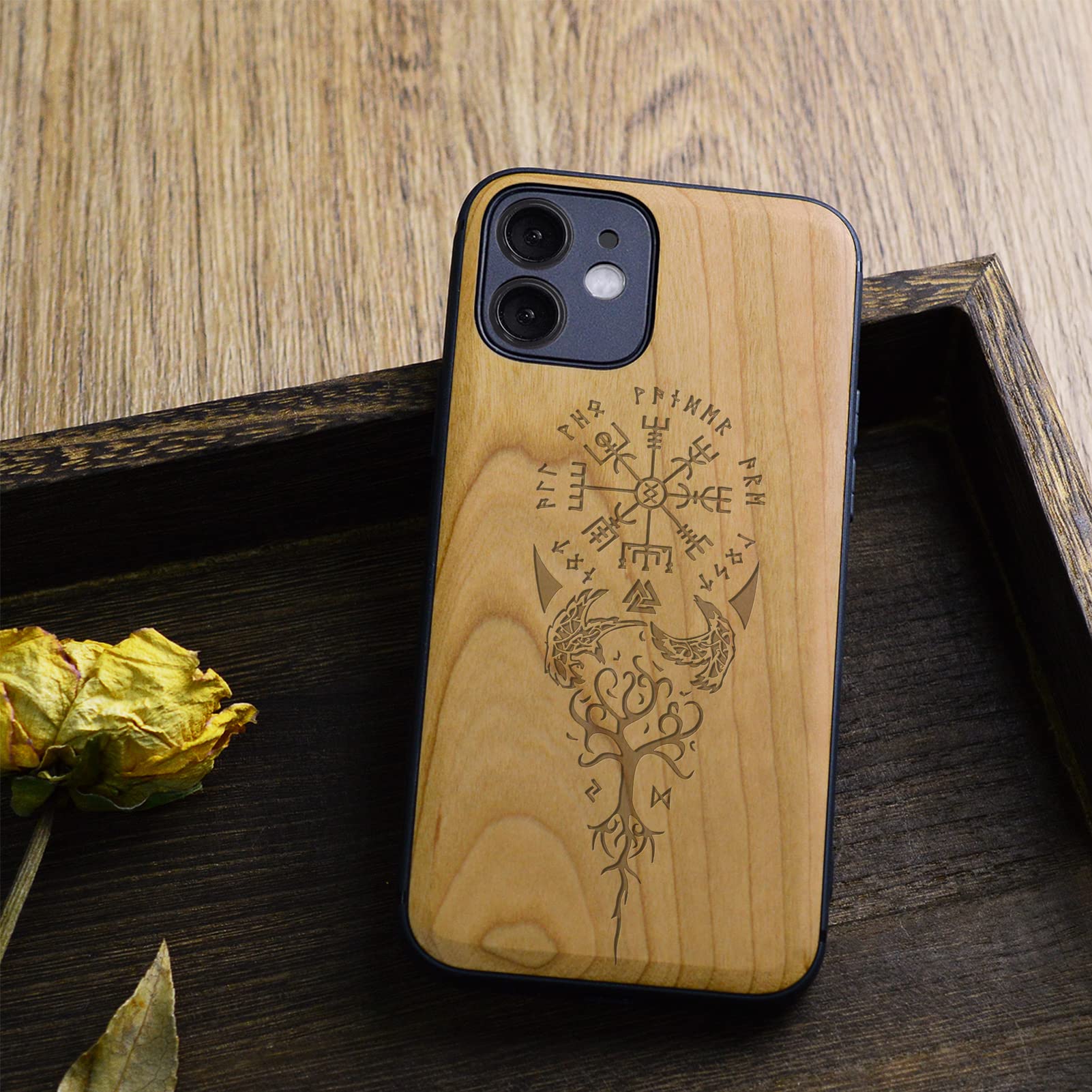 Carveit - Funda Protectora De Madera Para IPhone 15 Plus (grabado De Madera E Incrustaciones De Concha